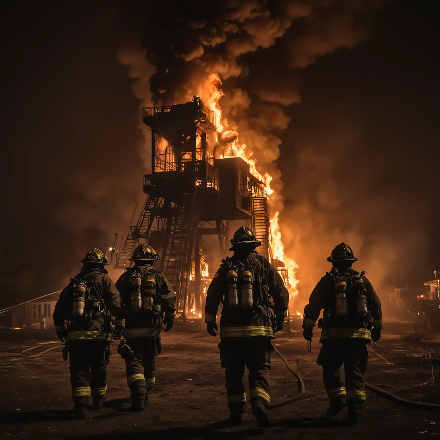 4 firefighters walking towerd a fire, dark backgrownd