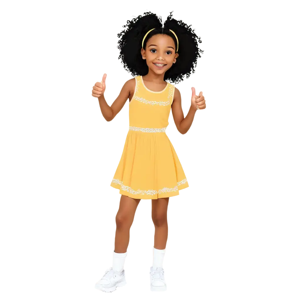 Outline Cartoon African American little girl with afro puffs standing with a dress and giving a thumbs up to use as a  coloring page