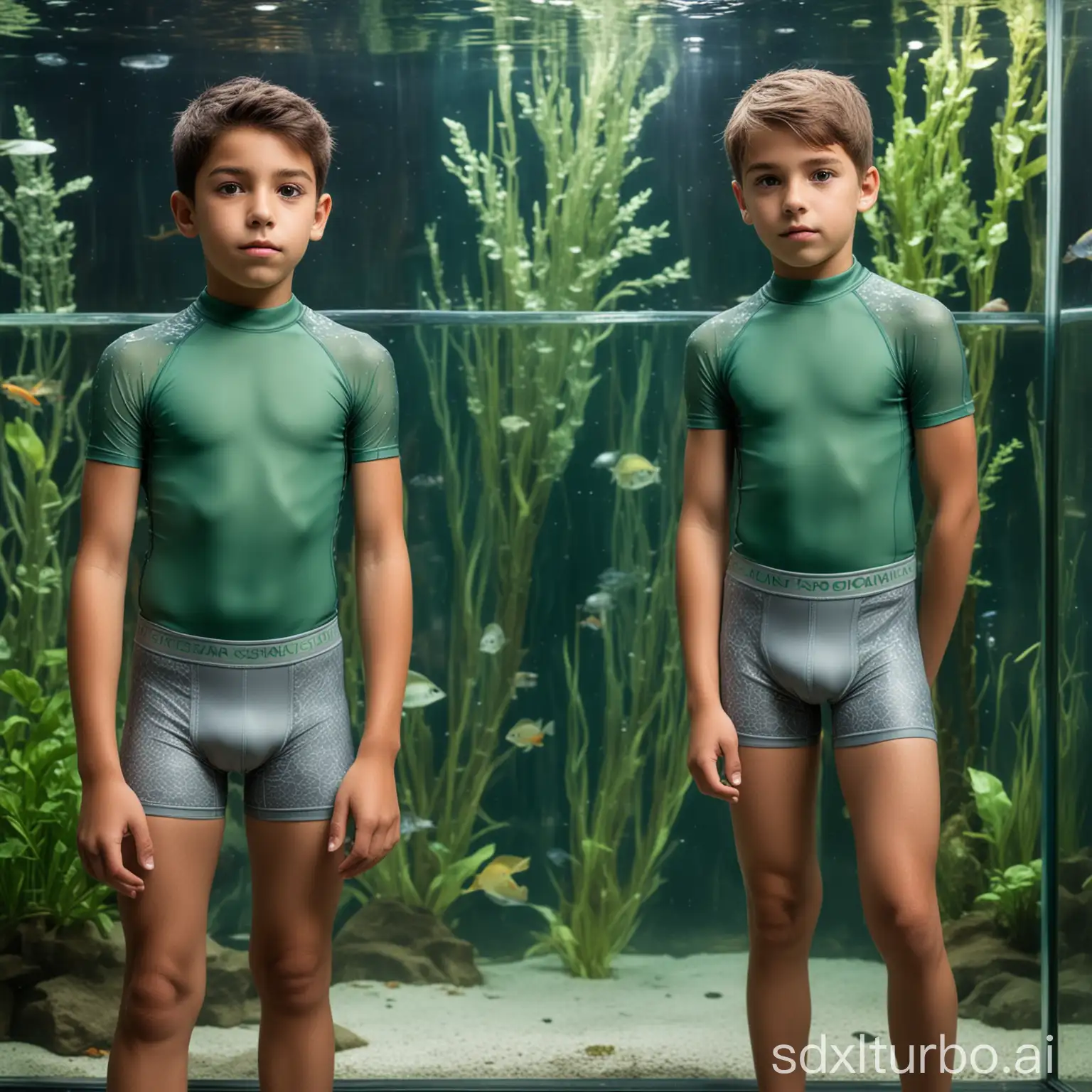 two hispanic and caucasian Boys wearing sheer grey and green compression short lycra in the Aquarium(masterpiece), best quality, expressive eyes, perfect face