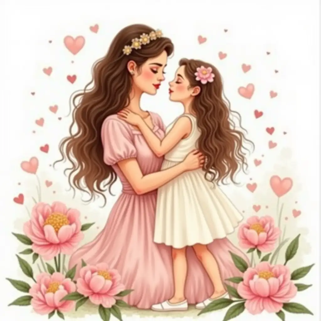 In the illustration, a mother and daughter in dresses are gently embracing, looking into each other's eyes. They are surrounded by blooming peonies, and small hearts float around them. The mother's long wavy hair cascades down as she looks into her daughter's eyes with a serene expression, holding her daughter in her arms, who looks and poses like her mother. Bright colors. Watercolor illustration.