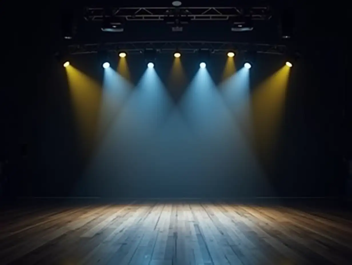 empty concert hall, stage with yellow and blue lights in background with three white spotlights shining in front and 2 in back straight down   in center of stage with center spotlight further back