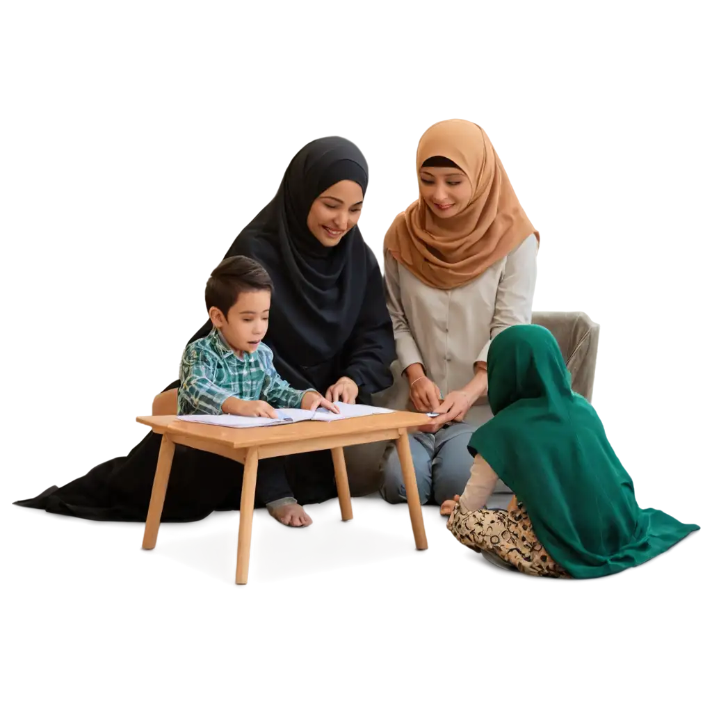 Islamic-Family-with-Children-Studying-PNG-Image-Father-and-Mother-in-Hijab-with-Boys-and-Girls-in-Islamic-Clothing