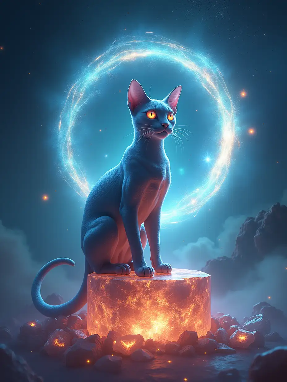 A hyper-realistic, 16K resolution image of an alien cat with sleek, shimmering fur that changes colors under cosmic light. The cat sits regally on a glowing crystalline pedestal, guarding a massive swirling energy portal. Its eyes are otherworldly, glowing with shifting nebula-like patterns. Surrounding the cat are floating alien symbols and fragments of glowing crystals. The background features a vast, star-filled sky with distant galaxies and pulsars, adding a sense of cosmic grandeur.