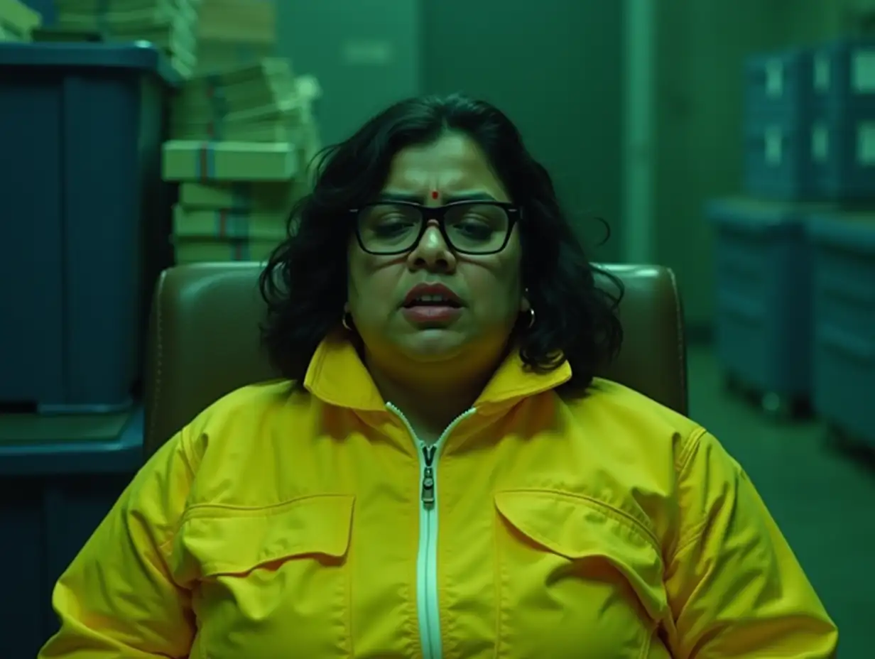 Create a cinematic shot of a little chubby Indian woman with medium-length, wavy dark hair in a yellow hazmat suit with a white zipper, like in Breaking Bad. She sits in a chair in an industrial setting with blurred stacks of money and blue containers in the background. Apply a strong, desaturated greenish-yellow tone across the image, emphasizing the Breaking Bad aesthetic with a prominent green tint on her skin, suit, and background. Use high-contrast lighting with a side light source for deep shadows, adding a faint haze for atmosphere. Focus on her upper body, highlighting the suit's texture and her intense expression. She wears black, rectangular-framed glasses, and her expression must show she’s struggling to breathe—mouth slightly open with trembling lips, closed eyes with fear, furrowed brows, creased forehead, red face, and a sheen of sweat. The greenish tint and shadows should enhance her eyes and mouth, making her struggle the emotional focus. Use a wide 2.35:1 aspect ratio, with a subtle vignette to draw attention to her. The scene should feel tense and dramatic, like a high-stakes Breaking Bad moment, with the greenish tone and her desperate expression as key elements.