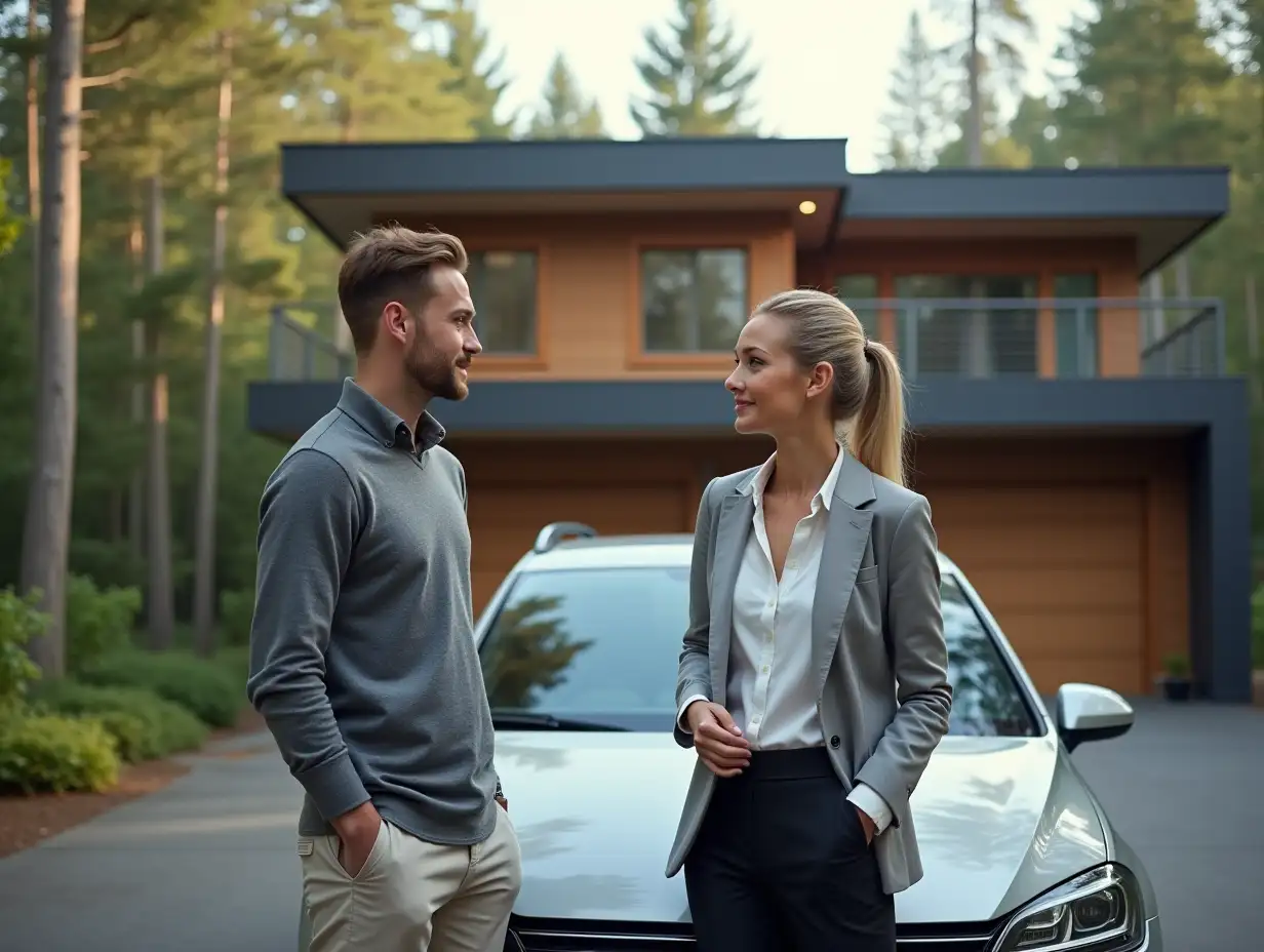 BLONDE young woman in office outfit, leaning on car hood and talk with her youngman in front of a two-story modern house with a flat roof on the driveway pine forest , fotorealistic face dettaling