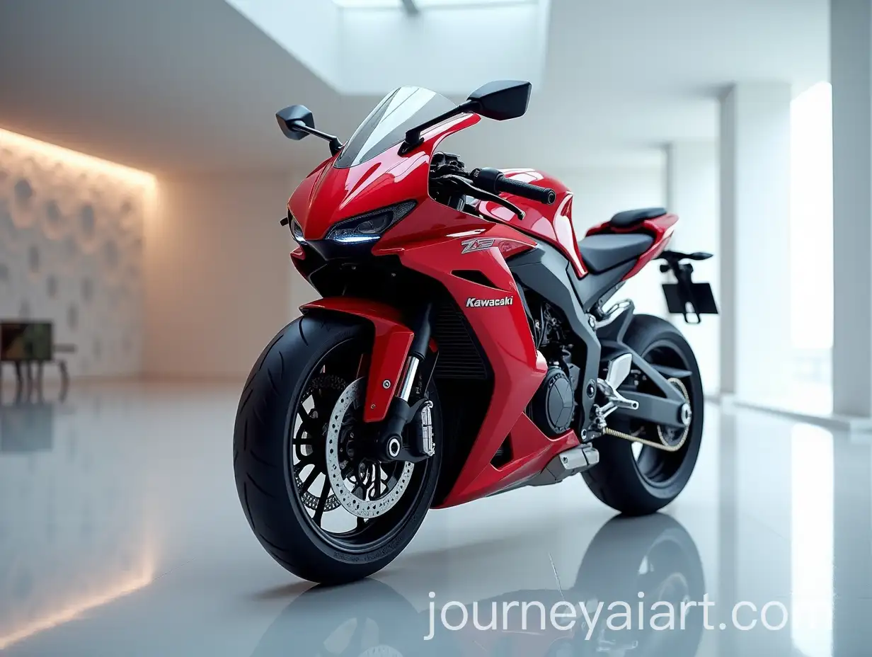 Futuristic-Kawasaki-Z1000-Motorcycle-in-Metallic-Red-in-UltraModern-Showroom