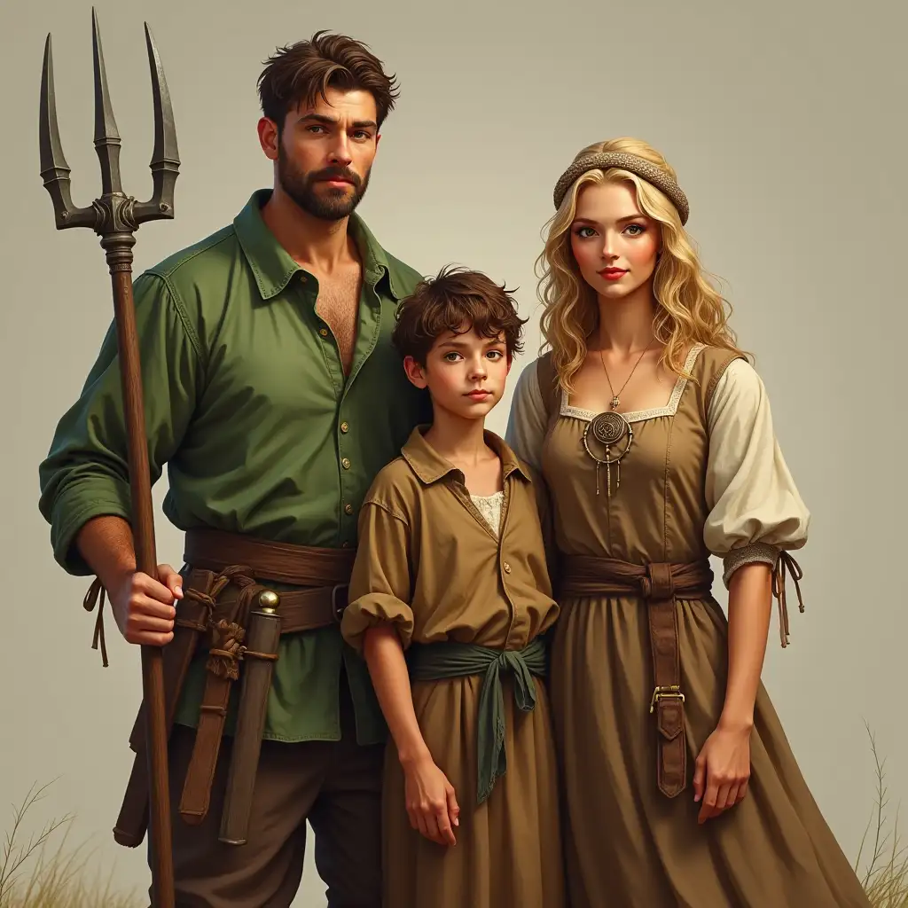 Medieval-Peasant-Family-in-Traditional-Clothing-with-Child-Holding-Wooden-Sword