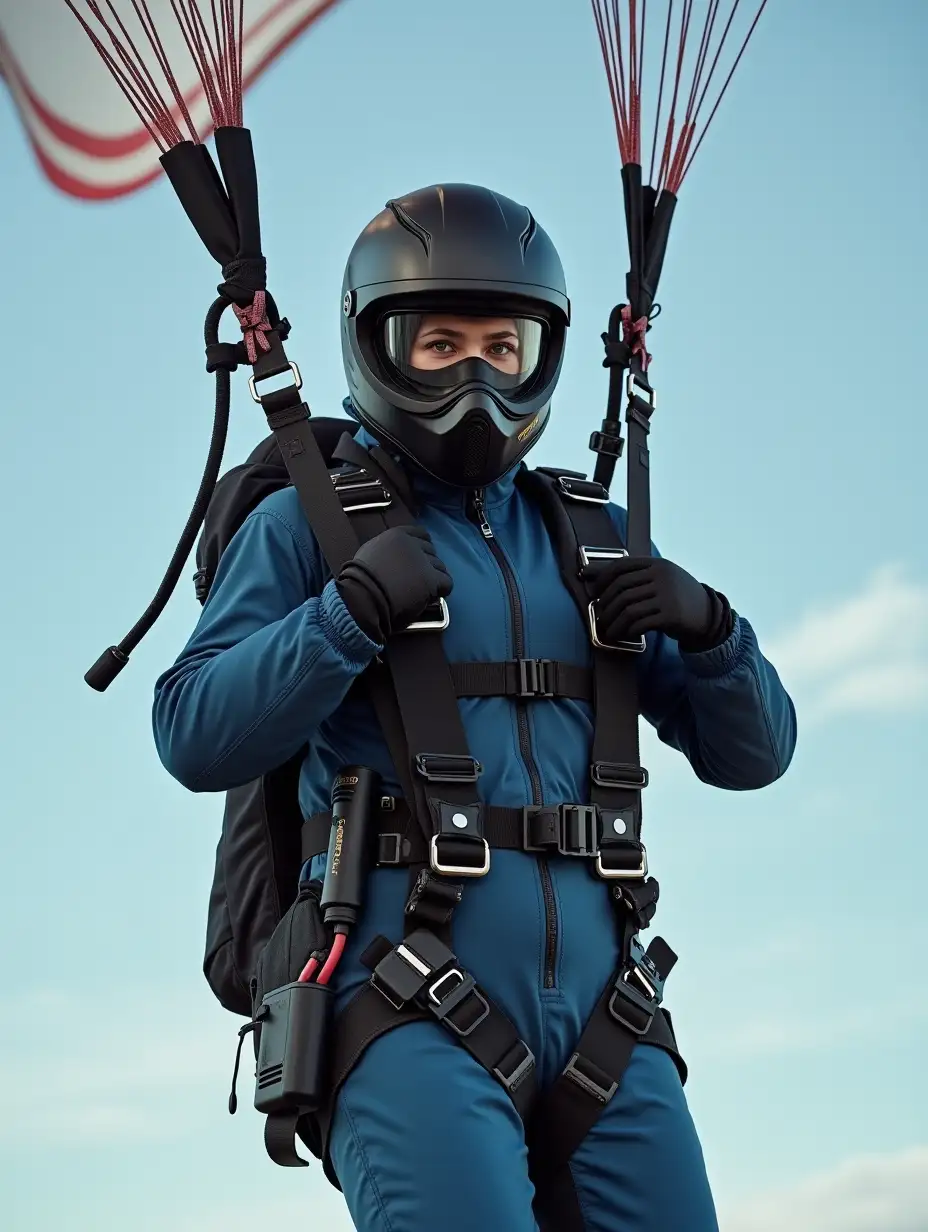 a 16 year old female masked paragliding cadet, in air, suspended on straps, fully covered, wearing a modern parachute suit with lots of harness, full motorcycle helmet with mask, gloves, attached equipment