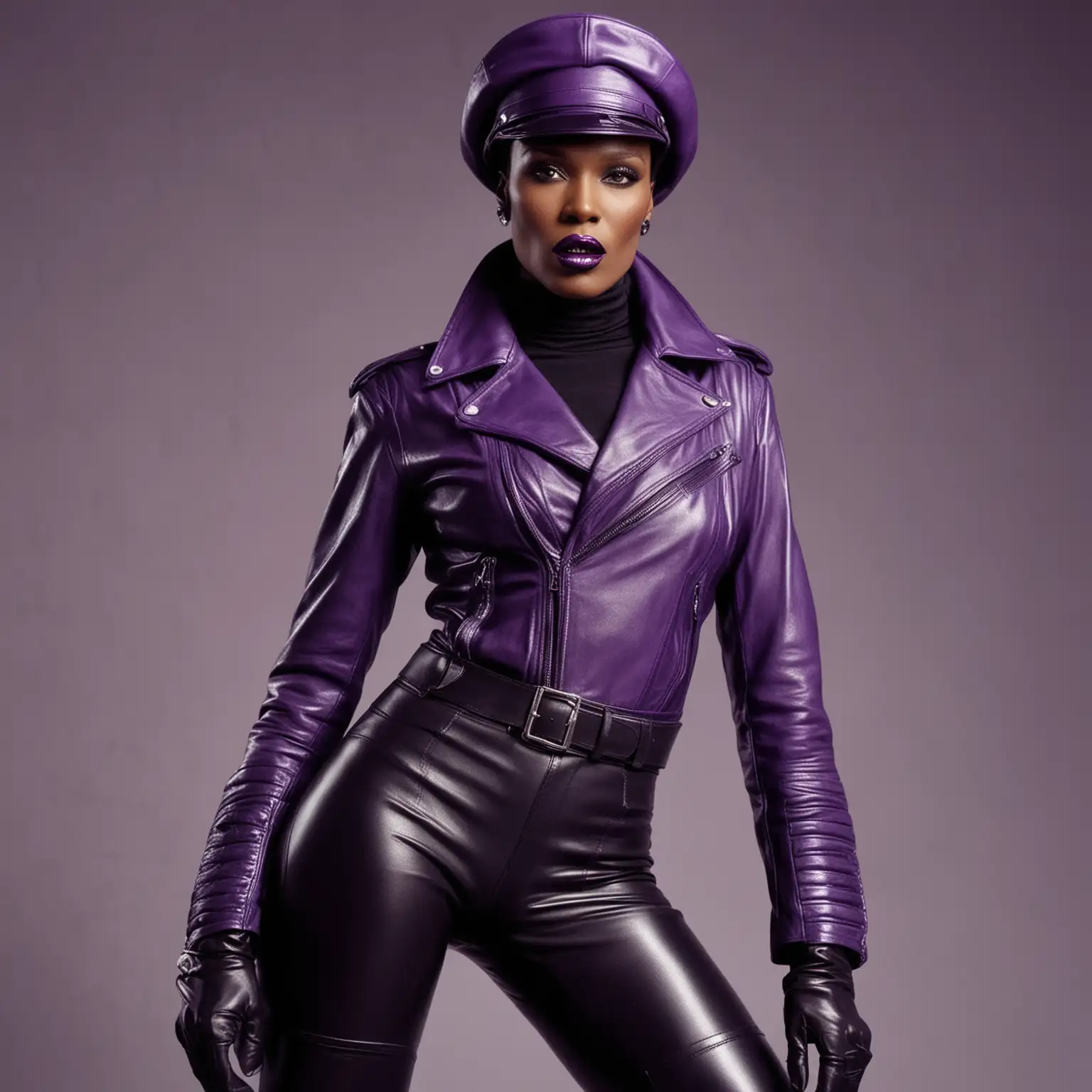 grace jones in purple leather motorcycle jacket, leather gloves and leather biker hat, tall leather boots,  purple lipstick