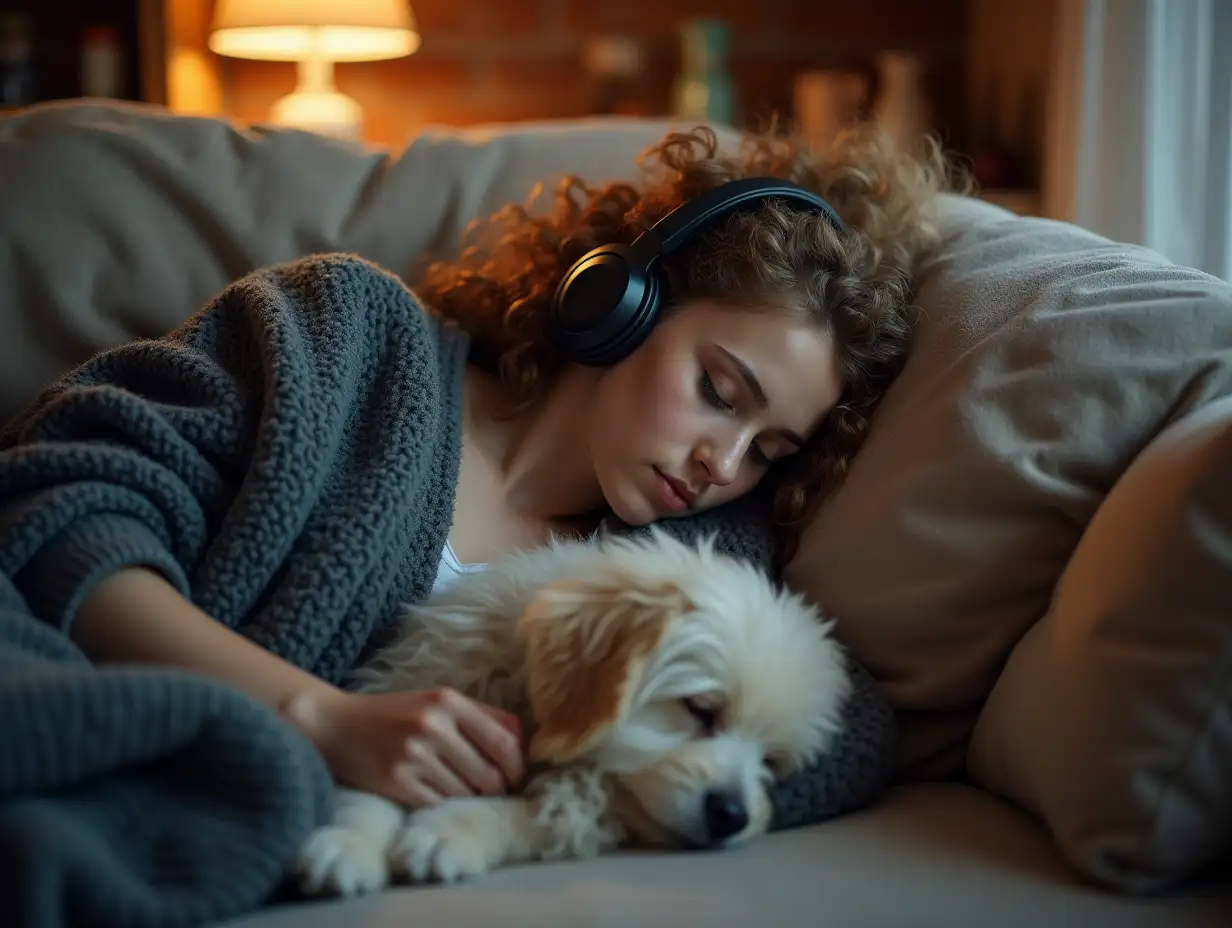 Teenager-Relaxing-on-Sofa-with-Weighted-Blanket-and-Headphones-in-Cozy-Home-Setting
