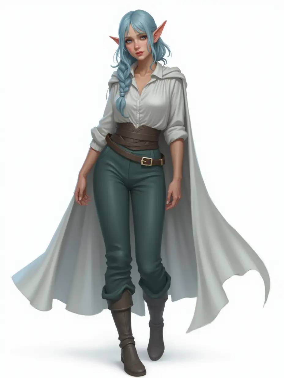 Full-body, female elf, semi-realistic fantasy art style. Mid-20s, average height, slim curvy build, pale skin. Medium-length, light blue hair in a loose braid with face-framing bangs. Silver eyes, calm and tired expression. Delicate and sharp facial features. Noble blouse, trousers, boots and cloak. Dynamic confident pose. Soft lighting, solid white/grey background. Intricate details, sharp focus, painterly textures, mystical atmosphere.