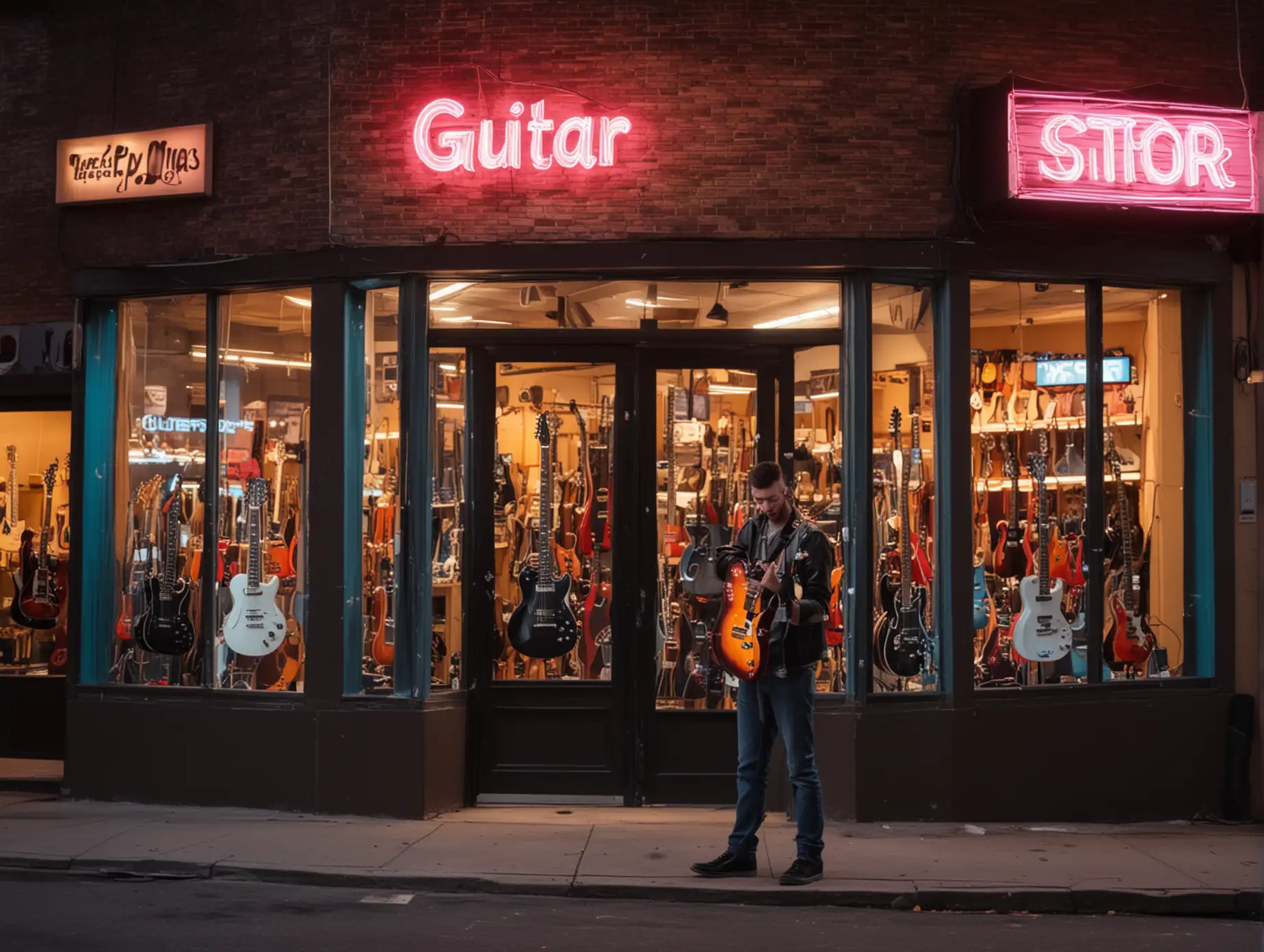 Neon Guitar Store with Customers Trying Guitars and Amplifiers