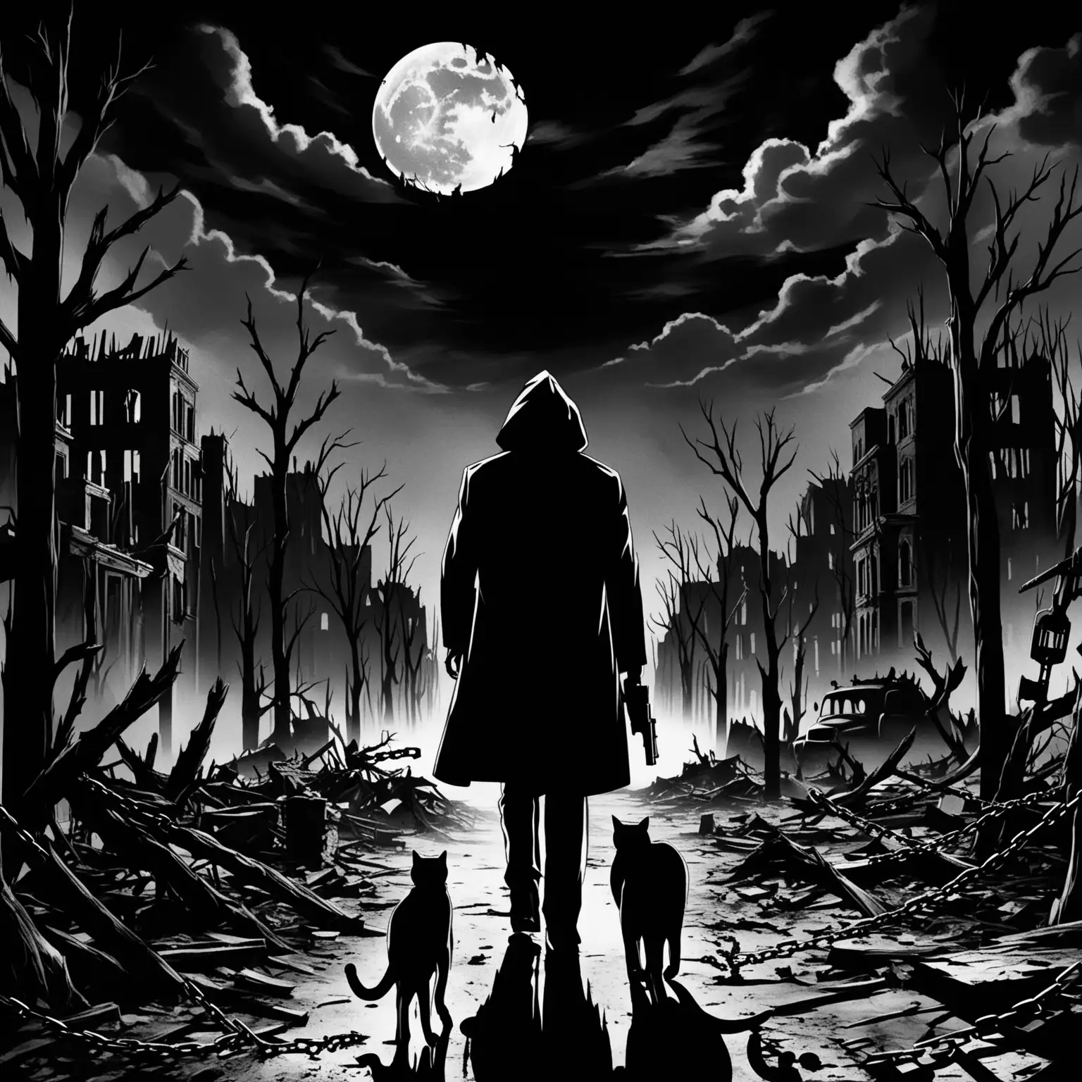 Man-Walking-in-Noirstyle-Destroyed-City-with-Bloody-Moon-and-Cat