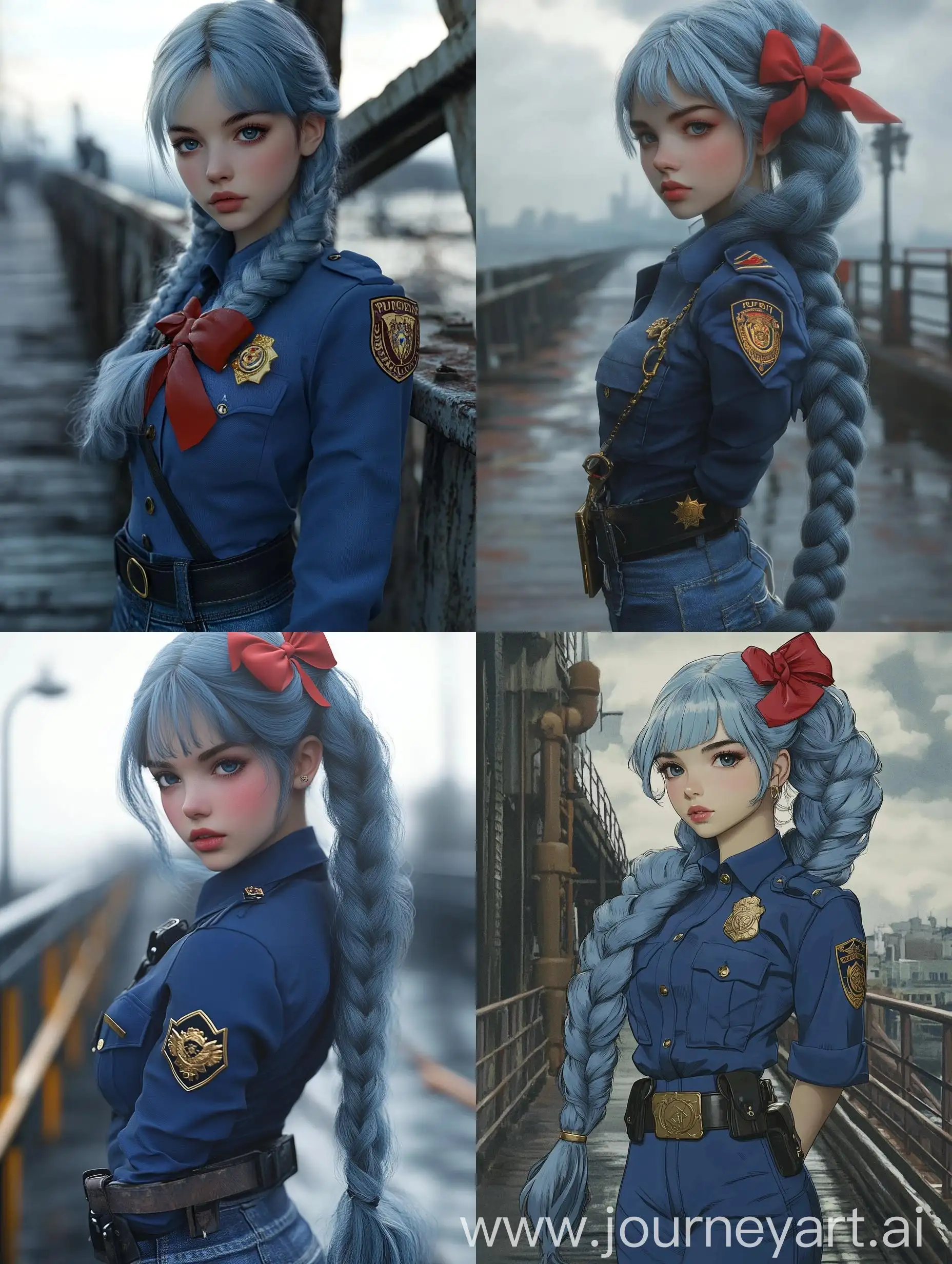 Japanese-Police-Officer-with-Blue-Braid-and-Red-Bow-on-Pier