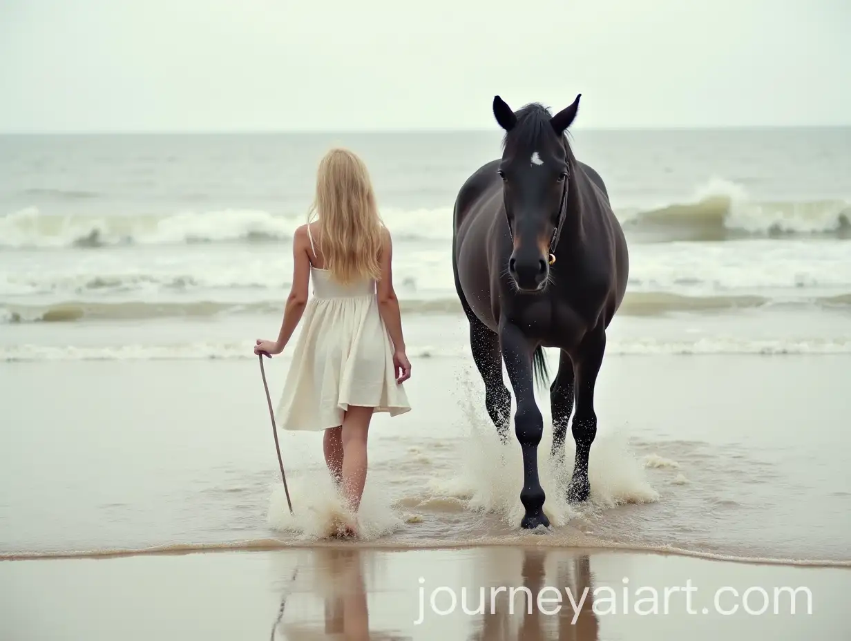 Blond-Girl-Walking-on-the-Beach-with-a-Black-Horse