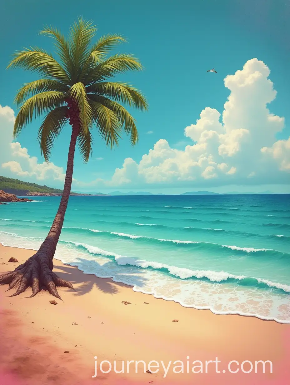 Surreal-Beach-Scene-with-Vibrant-Colors-and-Whimsical-Palm-Tree