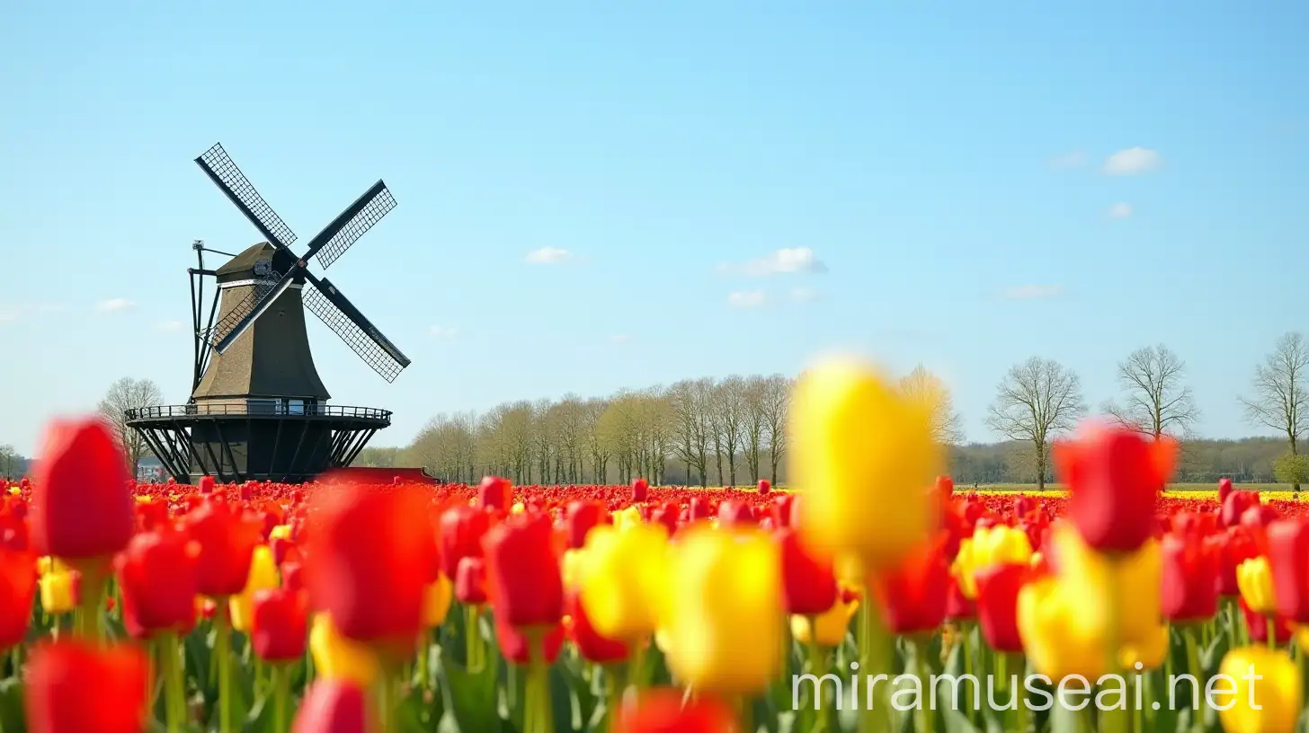 Traditional Dutch Windmill Amidst Red and Yellow Tulips