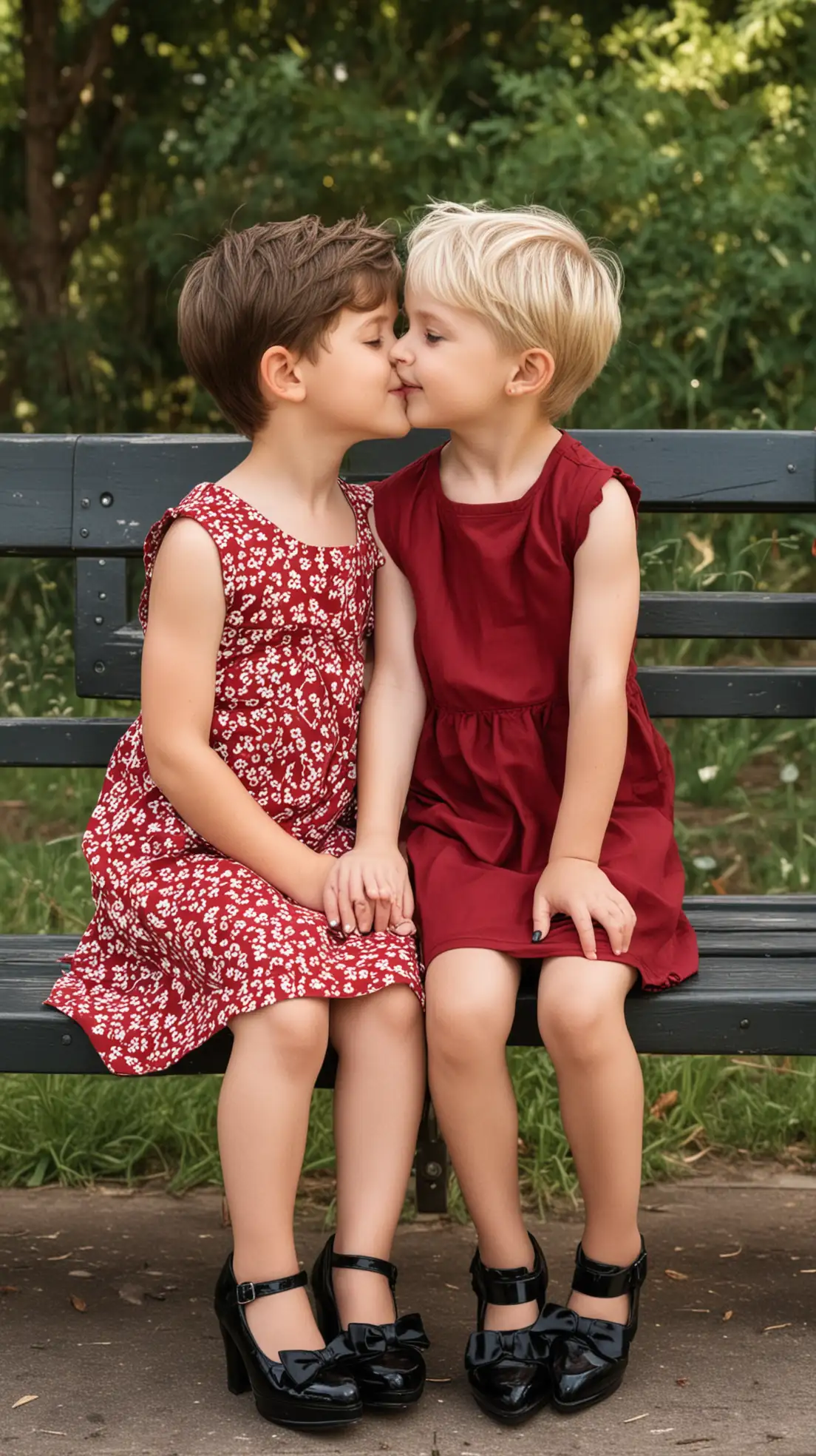 Two-Little-Boys-in-Wine-Red-Summer-Dresses-and-Black-High-Heels-Sitting-on-Park-Bench-Smiling