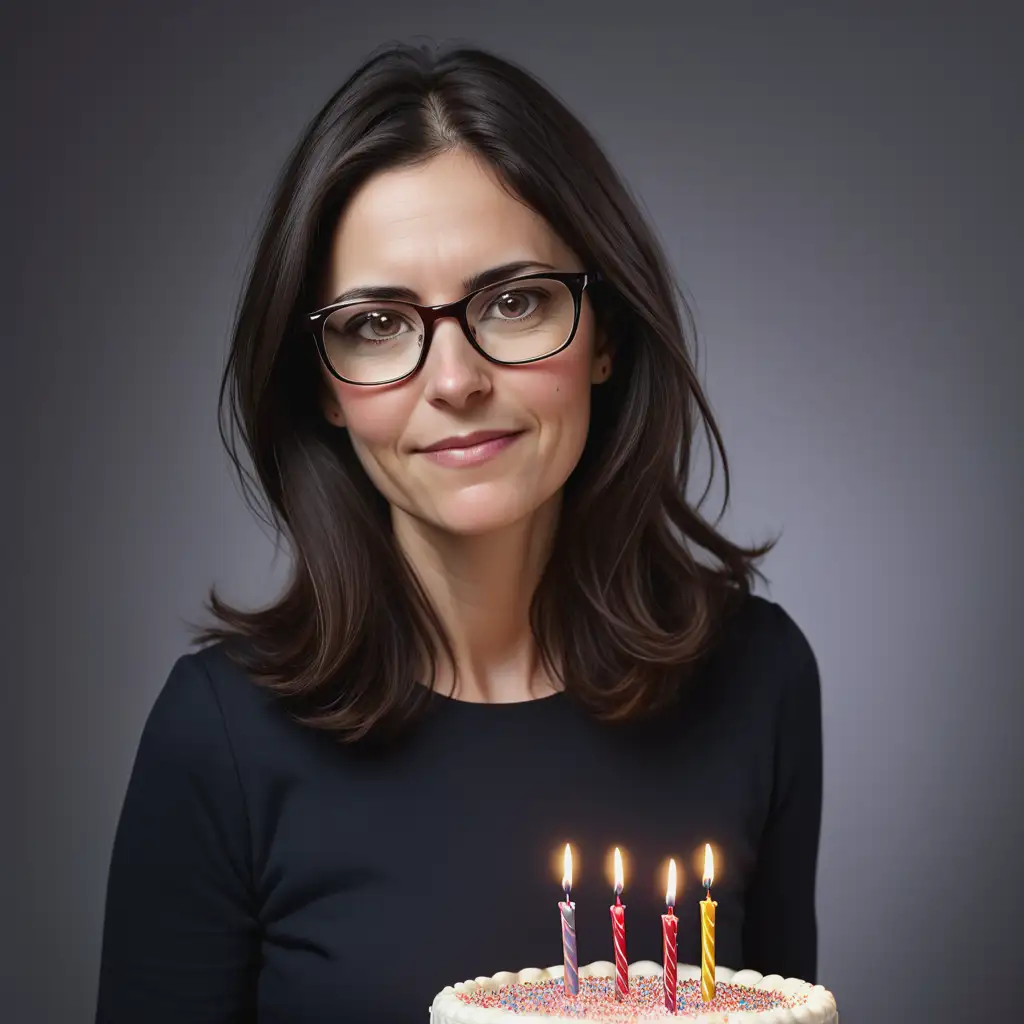 A university woman with dark brown hair and medium hair, wearing glasses, about 40 years old but looking young having a birthday
