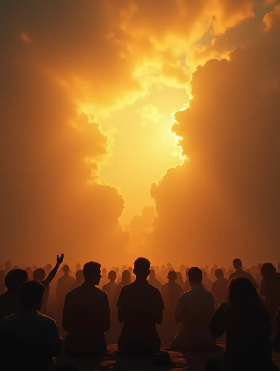 crowd of people kneeling and praying while the clouds open up in glorious golden clouds