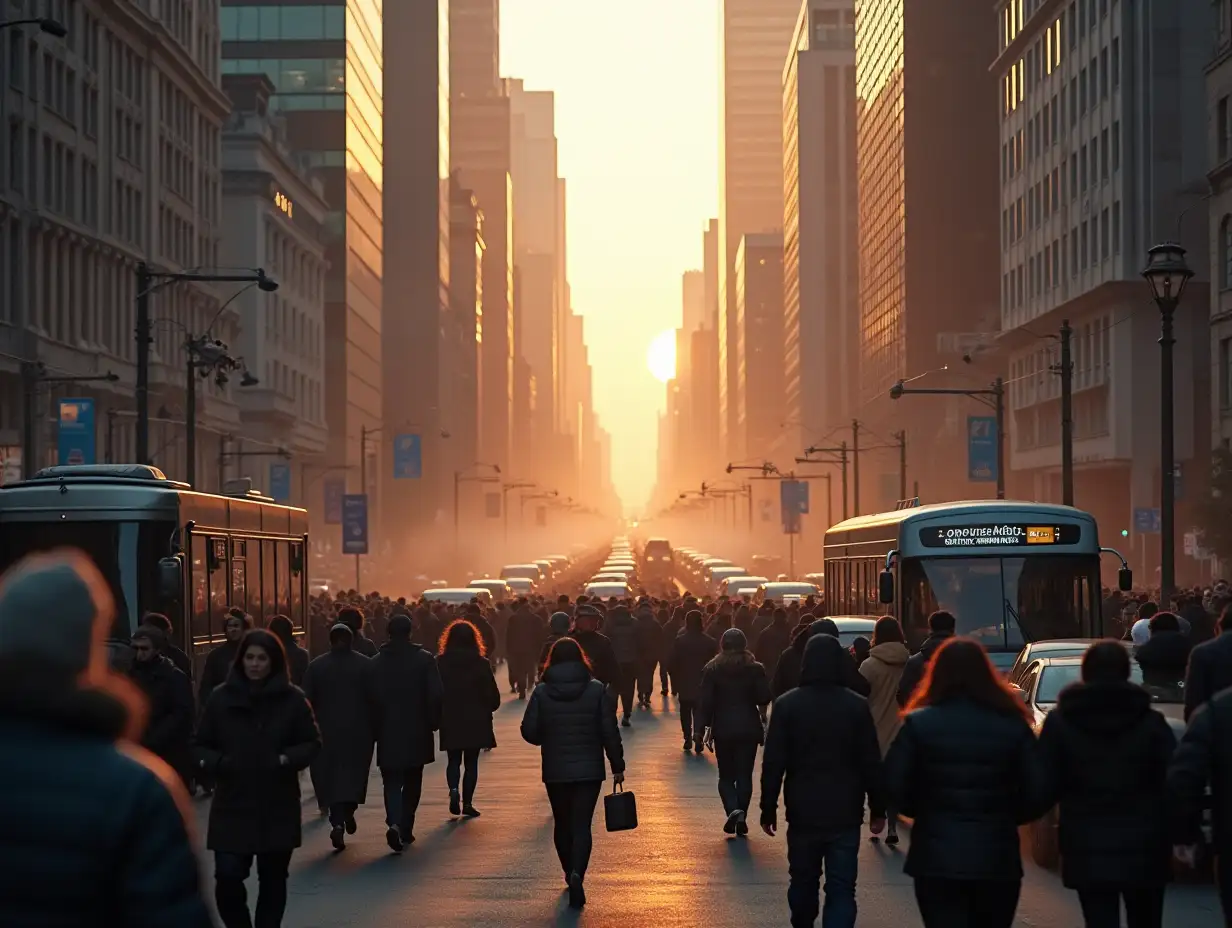 Morning megapolis, crowd of people, coffee shops, traffic movement