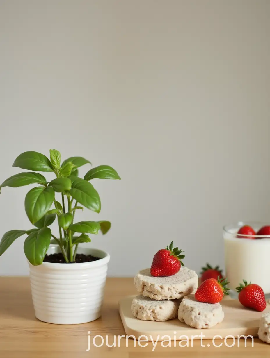CloseUp-of-Wood-Kitchen-Desk-with-Basil-Plant-Glass-Yogurt-and-Ceramic-Ornaments