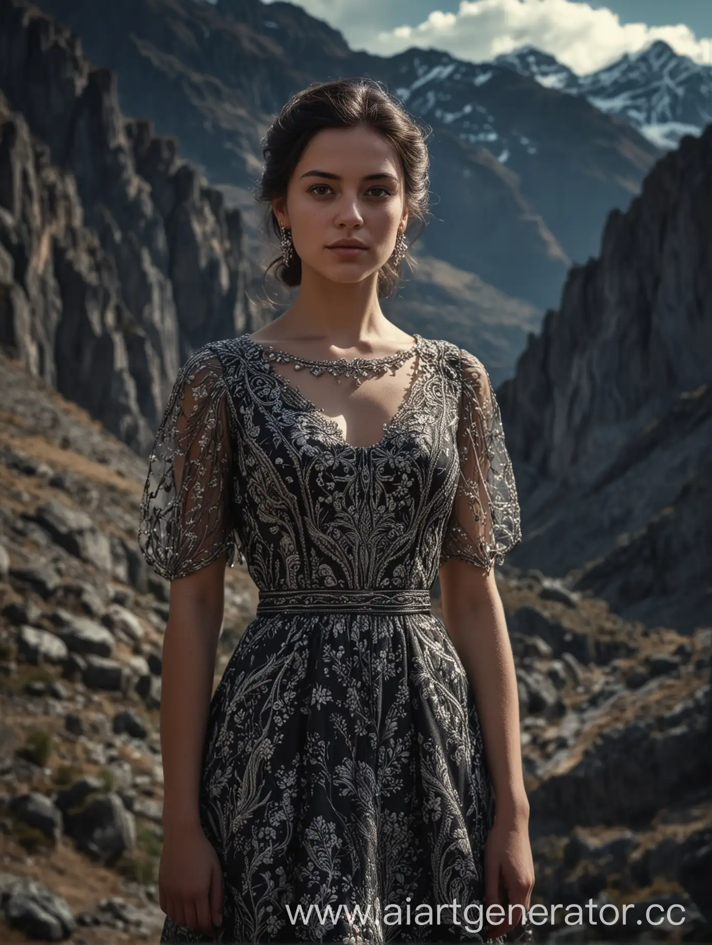 Уoung woman in fabulous dress, photorealism, dark hair, centered in the frame, symmetrical face, 50 mm lens, facing camera, dark background, natural light, out of focus mountains in the background, ultra‑details, 16K.