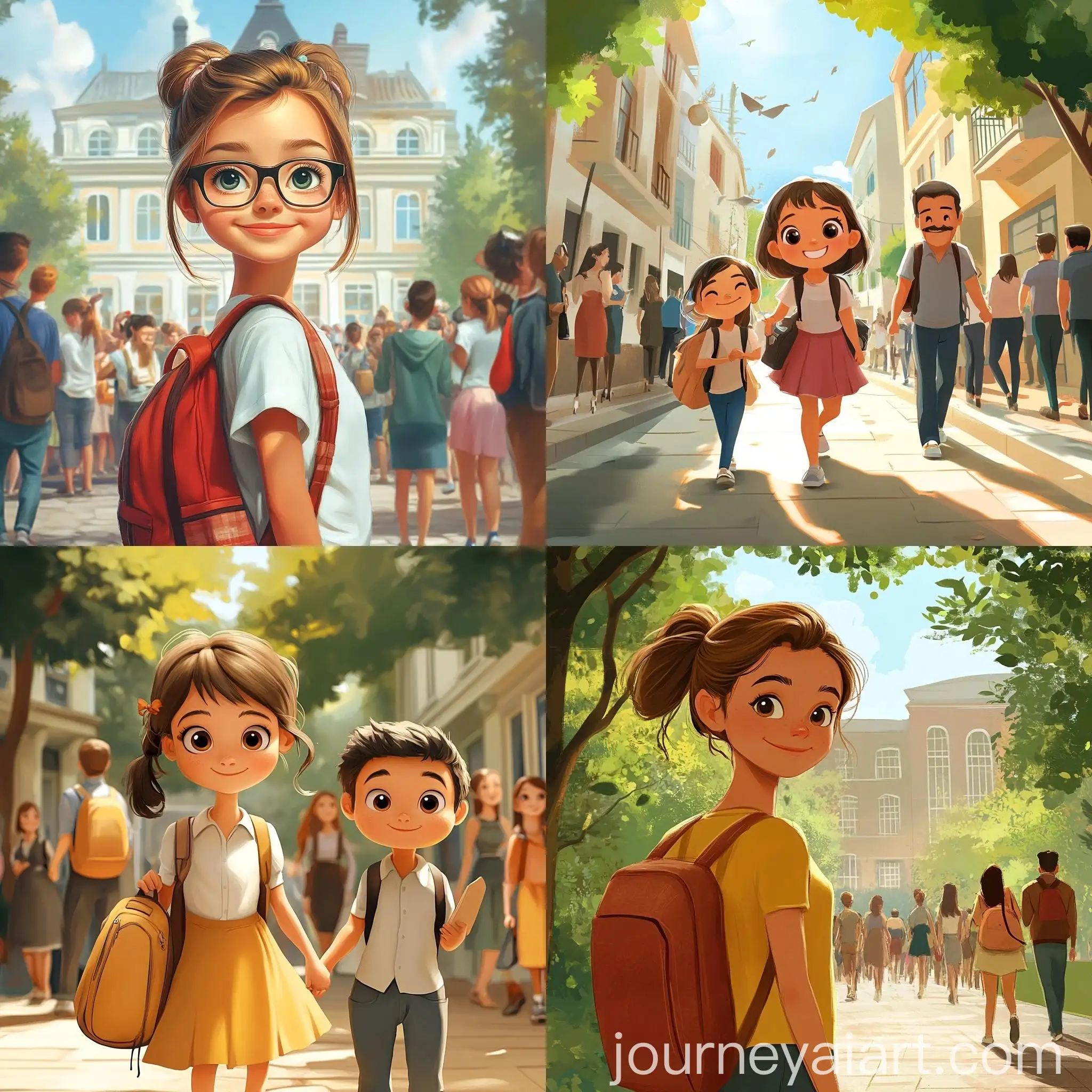 Family-Going-to-School-in-Busy-Summer-Cityscape