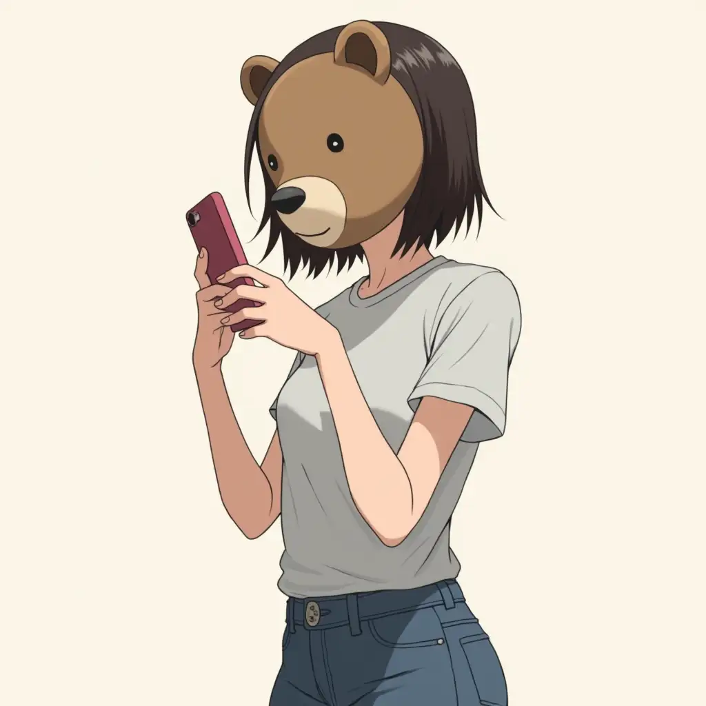 A girl is looking down at her phone. She is wearing a t-shirt and jeans. She is also wearing a mask of a capybara on her face. Anime style.