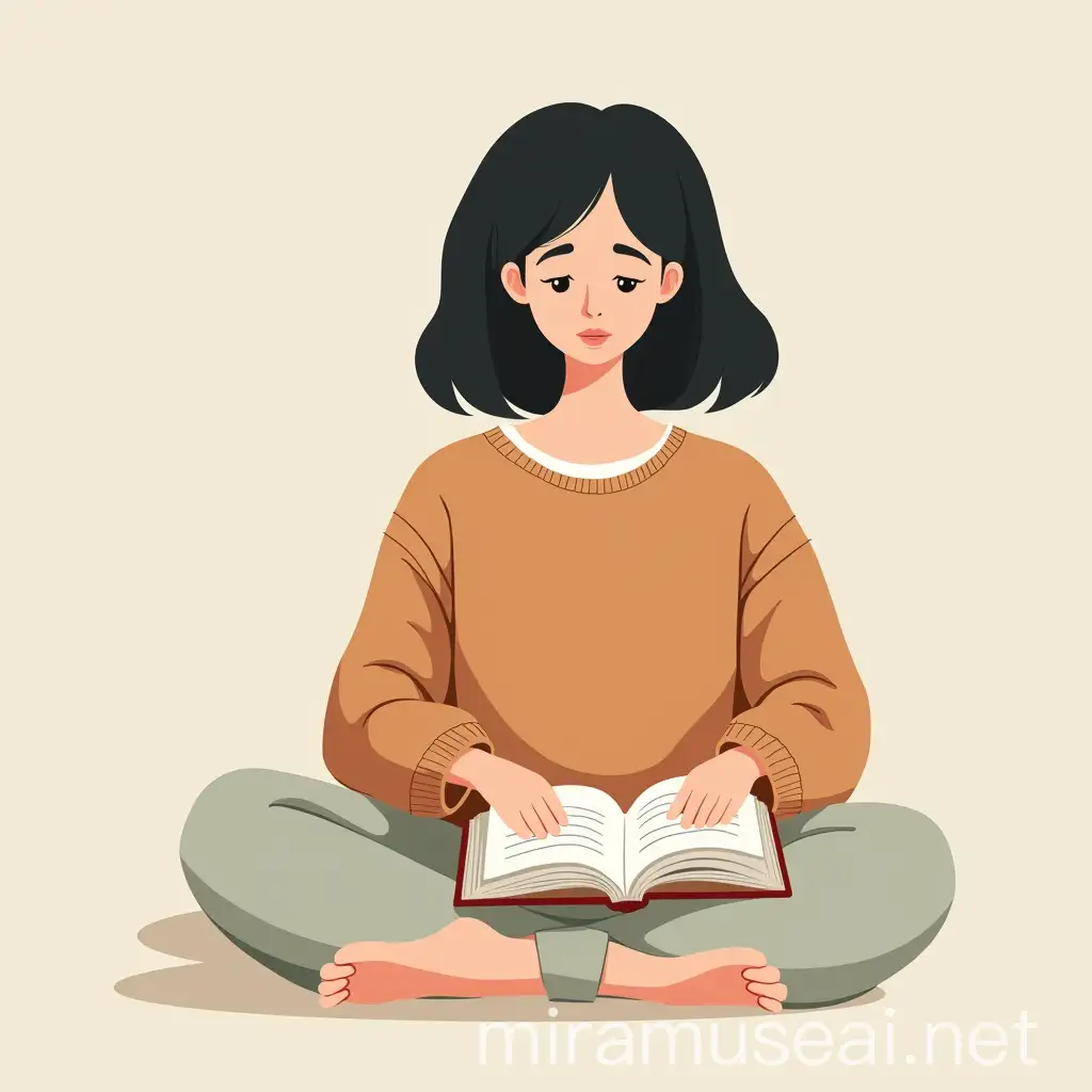 Girl Reading Book in Minimalist Vector Illustration Style