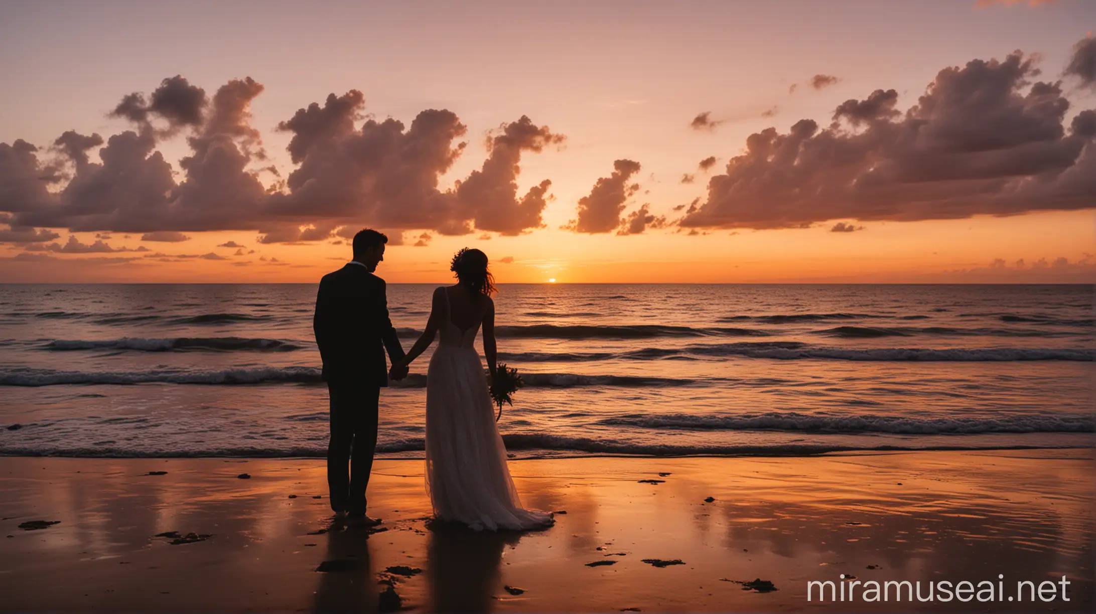 Silhouette of Newlyweds Embracing on Beach at Sunset