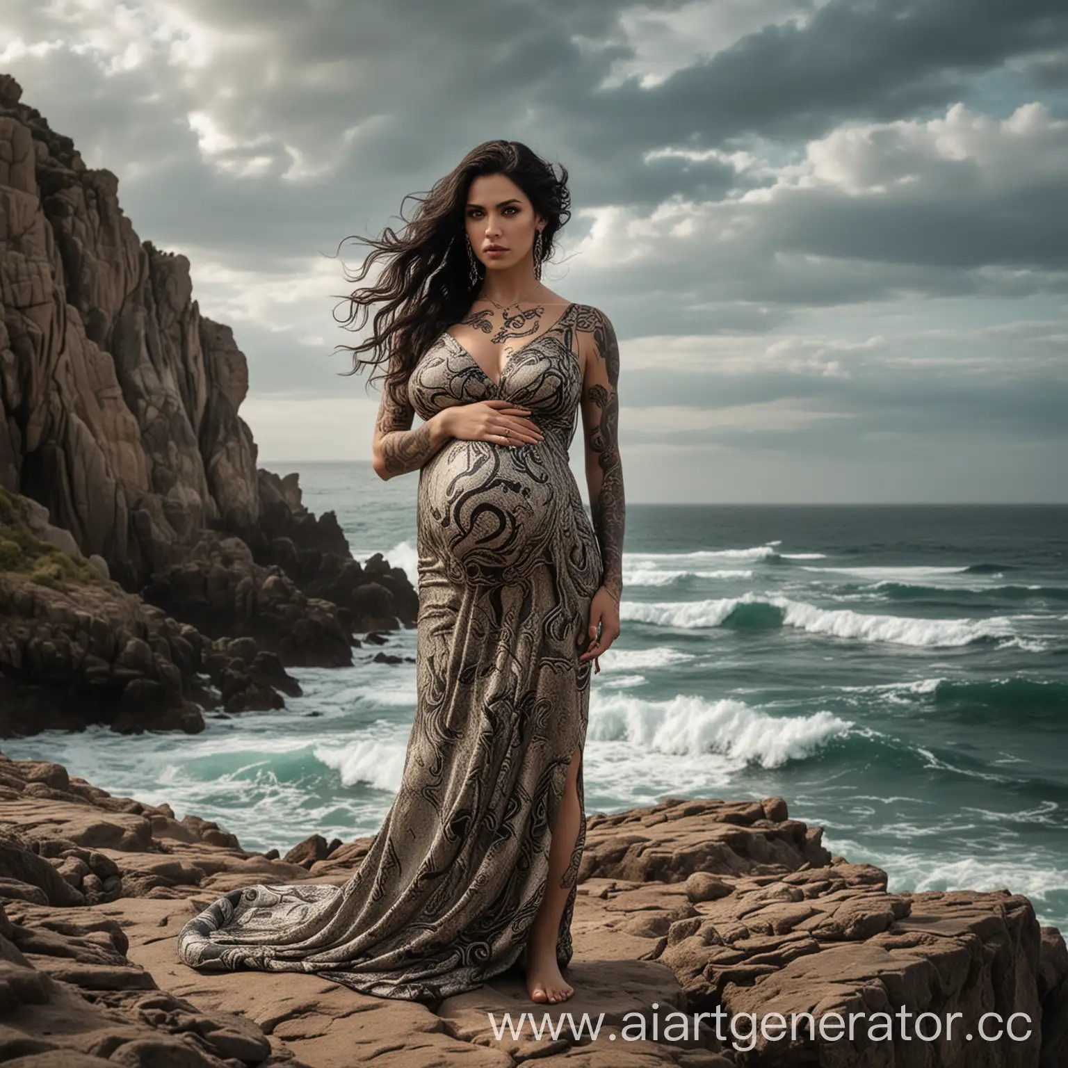 Poseidon-Holding-a-Pregnant-Female-Artist-with-Snake-Tattoo-by-the-Sea