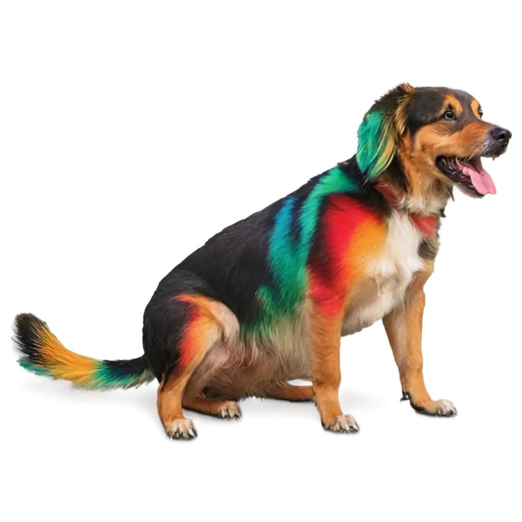 a colorful dog playing on ground