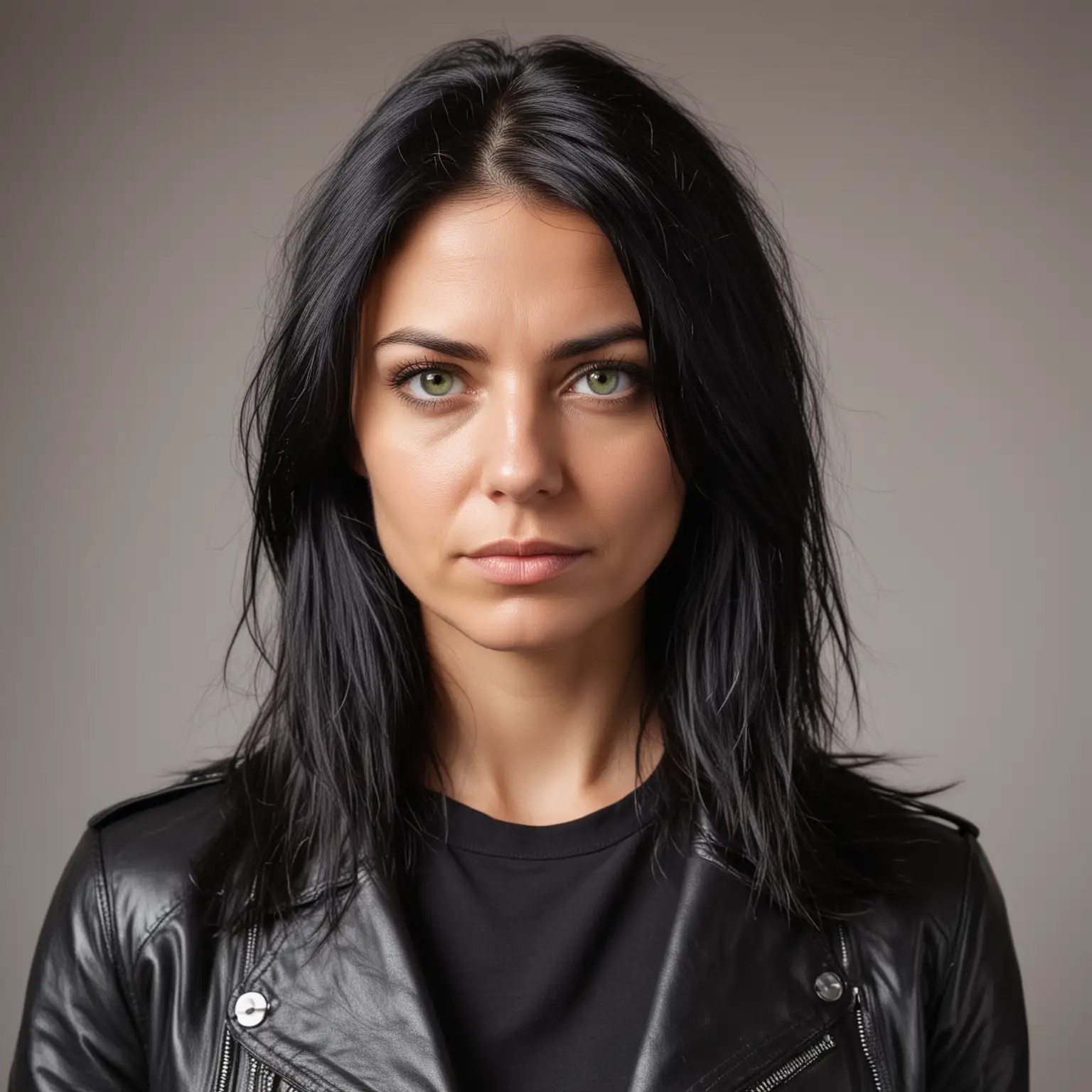 Portrait of a Serious 37YearOld Woman with Long Black Hair and Green Eyes