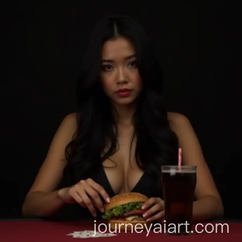 Beautiful-Asian-Woman-in-Dark-Room-Playing-Poker-with-Burger-and-Cola