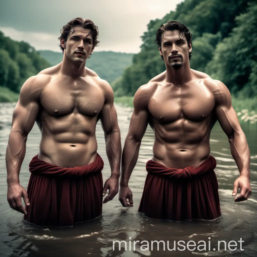 Two Masculine Men Bathing in Ancient River