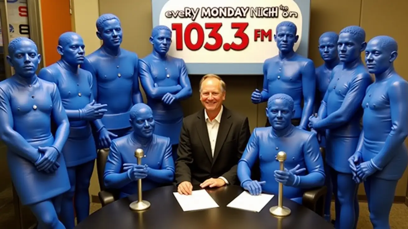 A radio host surrounded by blue musicians in a radio studio with a logo that says 'every Monday night on 103.3 FM'