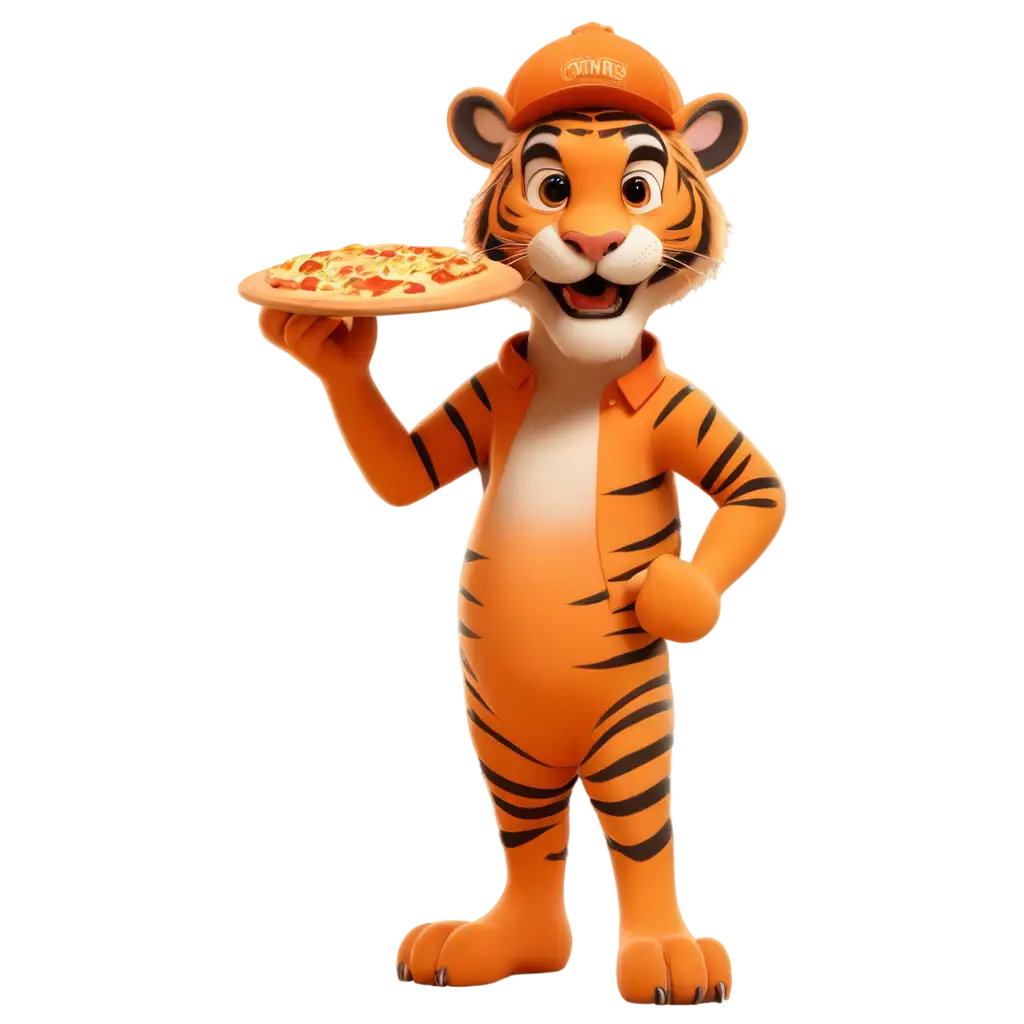 A pixar style 3d tiger delivery pizza, orange background