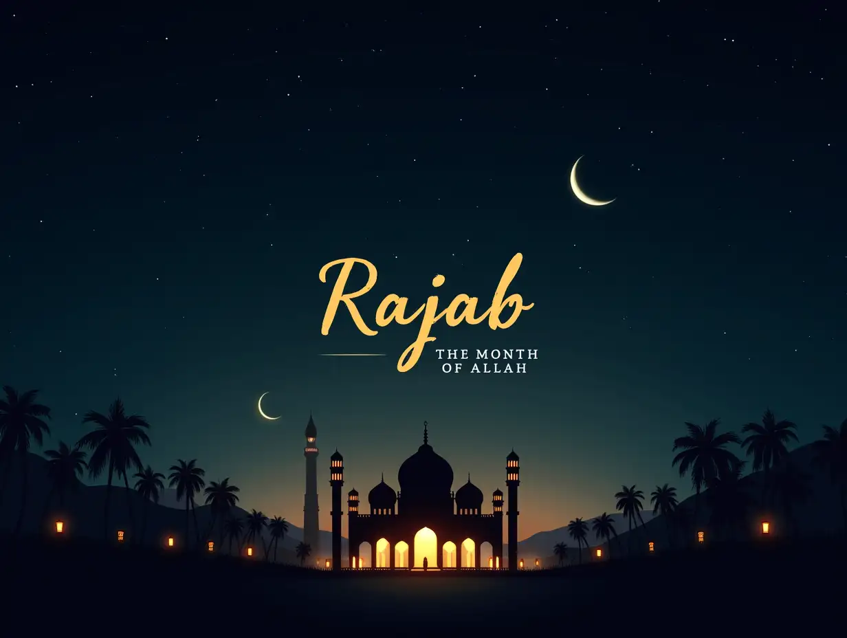 A serene night sky with a crescent moon and twinkling stars, symbolizing the sacred month of Rajab. A beautifully illuminated mosque with glowing lanterns stands in the foreground, surrounded by palm trees. Elegant Arabic calligraphy in golden color displays 'Rajab – The Month of Allah.' A hadith is subtly integrated into the background: 'Rajab is the month of Allah, Sha‘ban is my month, and Ramadan is the month of my Ummah.' (Suyuti, Al-Jami'). The scene has soft golden and deep blue tones, creating a peaceful and spiritual ambiance, perfect for Islamic reflection and social media sharing. A hadith is gracefully incorporated into the design: 📖 The Prophet (ﷺ) said: ‘Rajab is the month of Allah, Sha‘ban is my month, and Ramadan is the month of my Ummah.’ (Suyuti, Al-Jami')