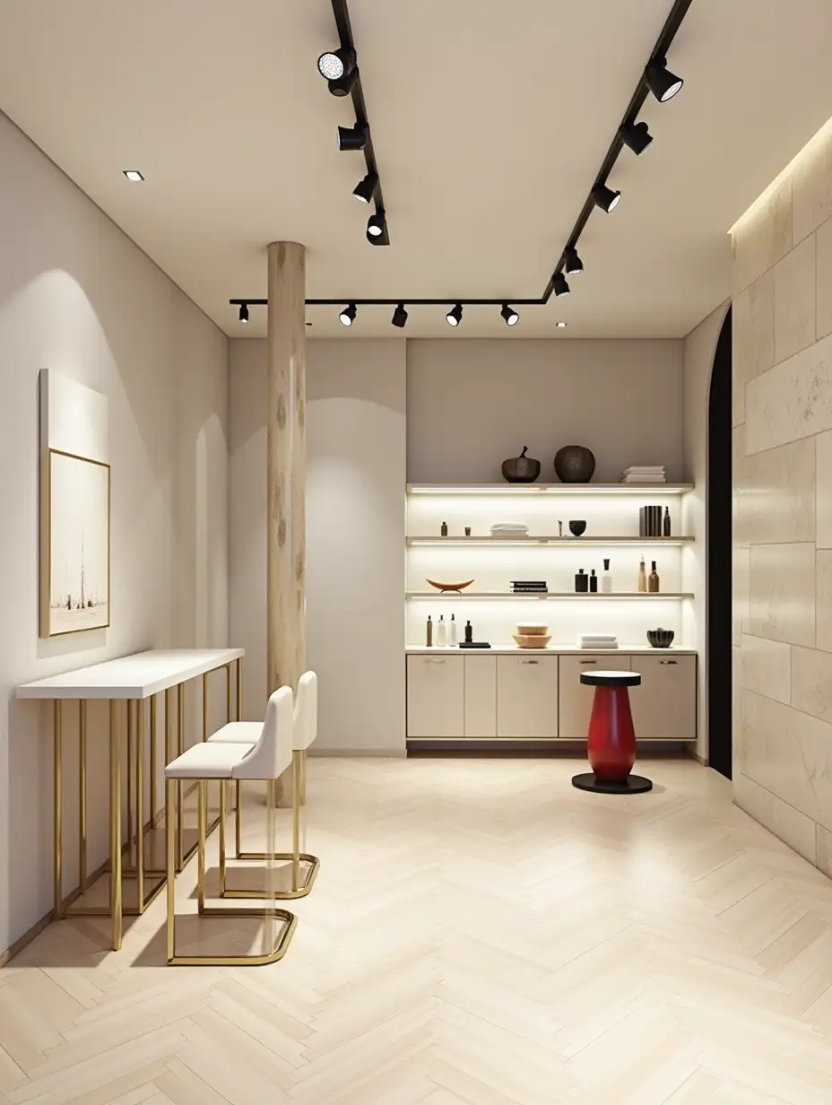 Modern-Italy-Style-Art-Gallery-with-Light-Ivory-Walls-and-Brass-Accents