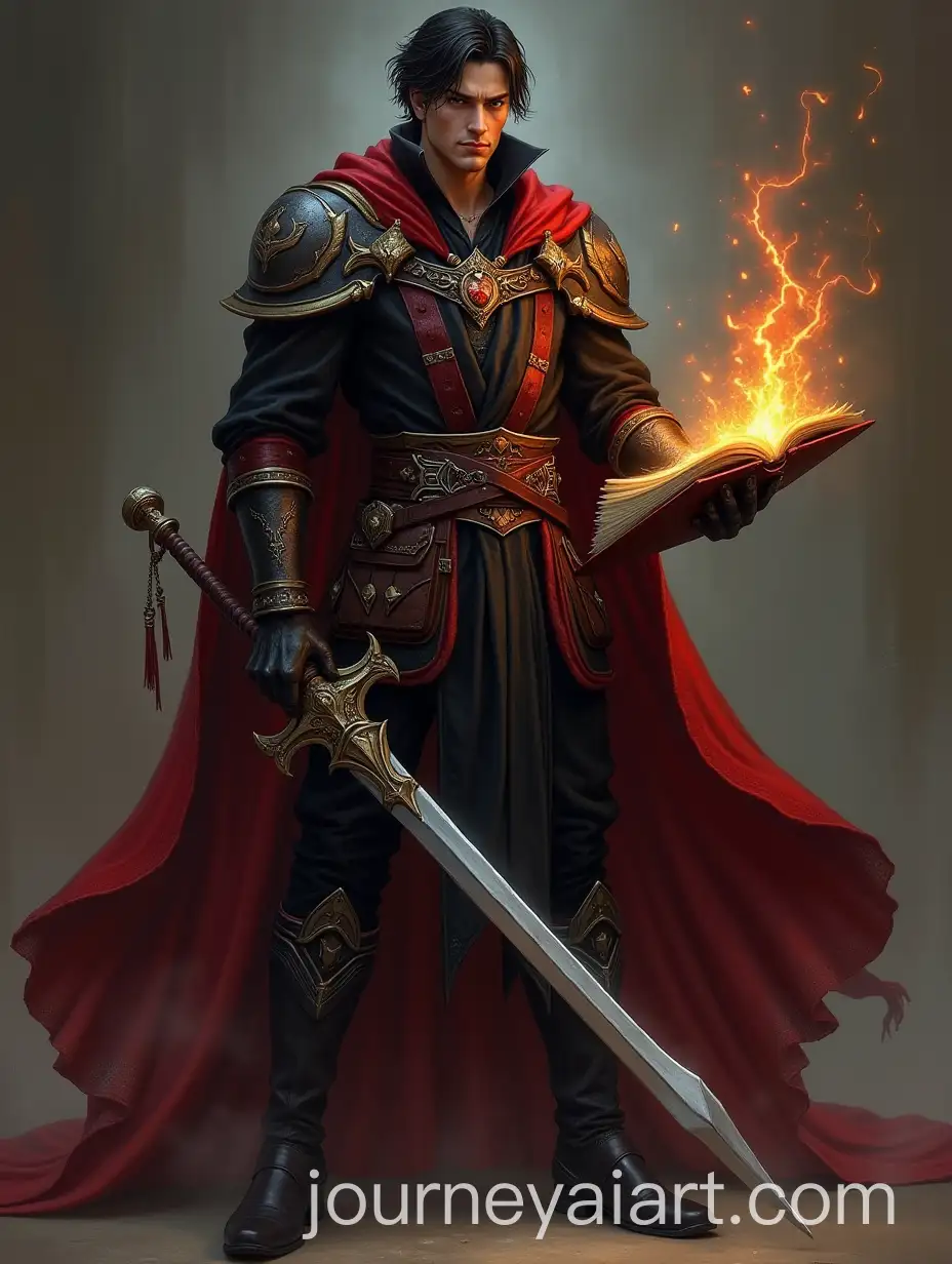 Fantasy-Male-Warlock-Holding-Sword-and-Casting-Magic-with-Glowing-Book
