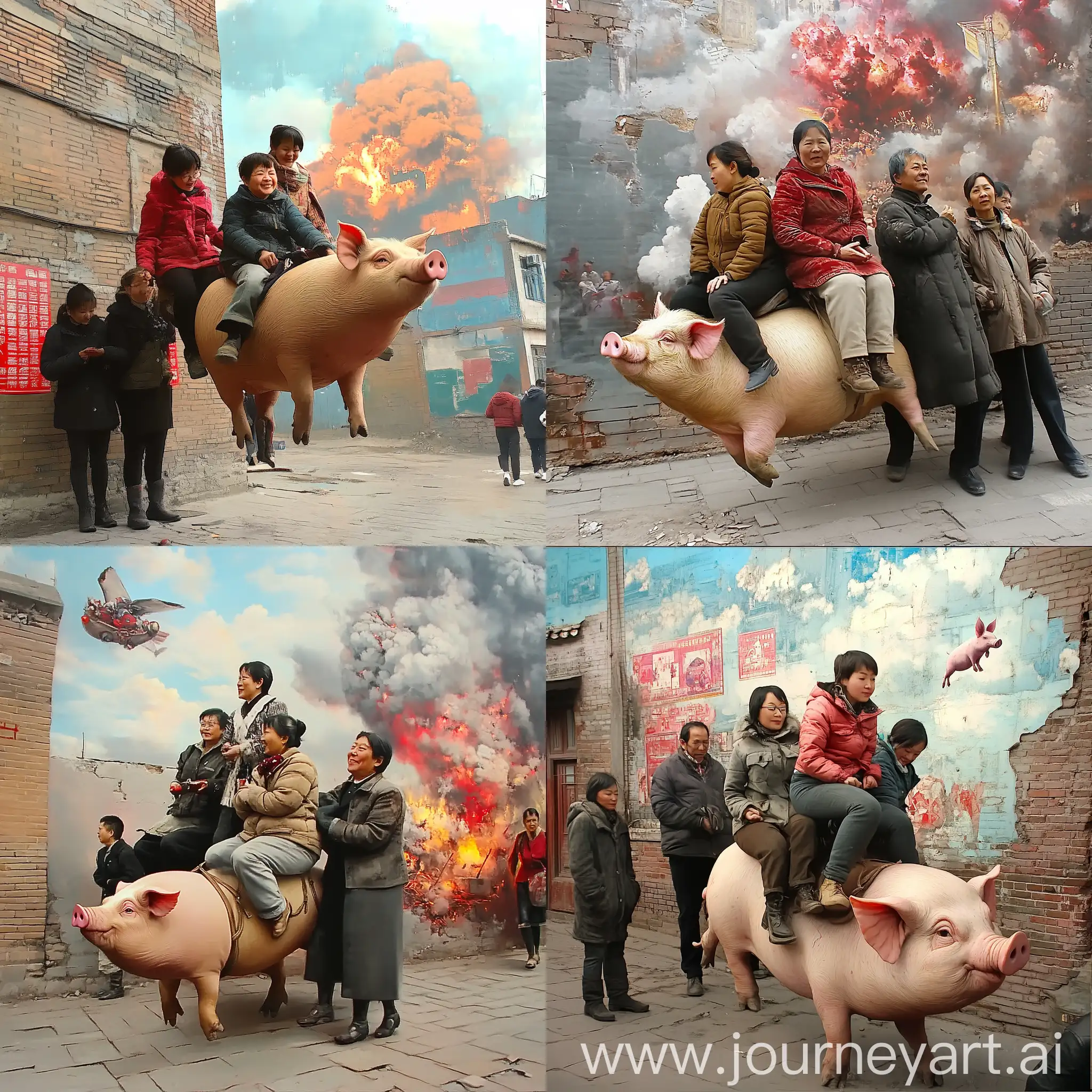 People-Riding-a-Flying-Pig-Amidst-an-Explosion