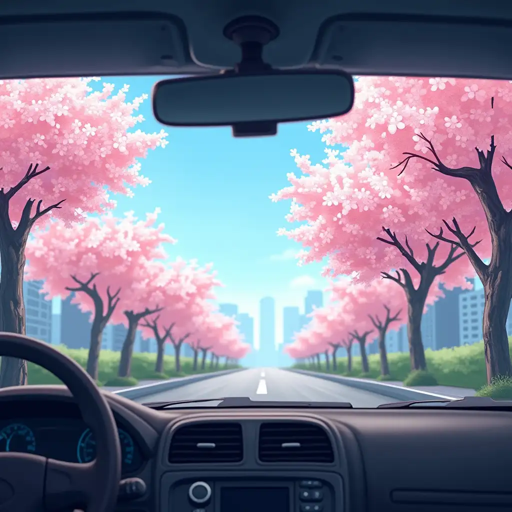 It depicts a daytime view of cherry blossoms seen through a car's sunroof. The soft pink blossoms contrast beautifully with the city buildings in the background. The image evokes a feeling of serenity and perhaps a moment of quiet contemplation during a drive, real photograph, realistic