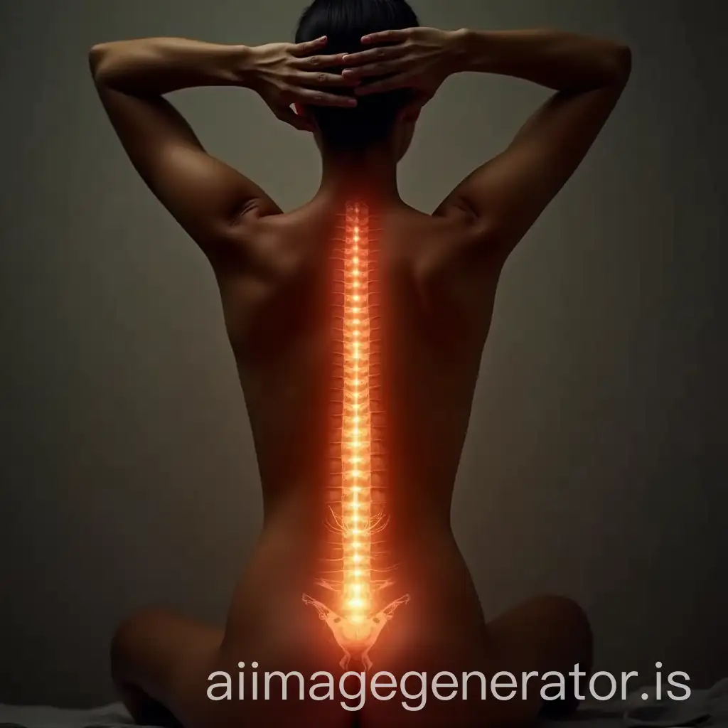 therapist with hand on the nape and other on the base of the back, radiant energy along the spine