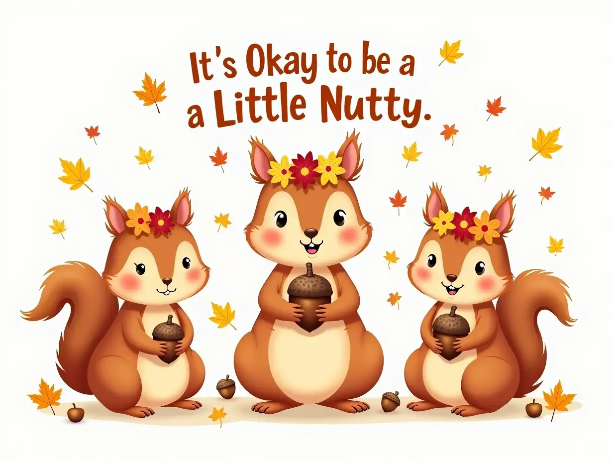 Vector, impressionistic, 64k. Three playful squirrel wearing a vibrant floral crown, holding an acorn in its paws. The squirrel is surrounded by falling autumn leaves and scattered acorns. The overall style is whimsical and detailed, with a focus on the charm of the animal and the beauty of the season. featuring the word 'It's Okay to be a Little Nutty' in bold.