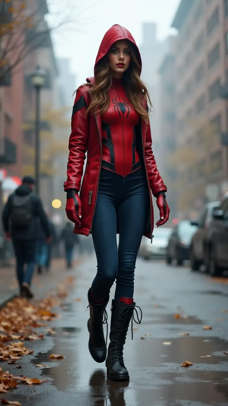 Attractive-Young-Slender-Spidergirl-in-Combat-Boots-on-Foggy-Autumn-Streets-of-New-York-City