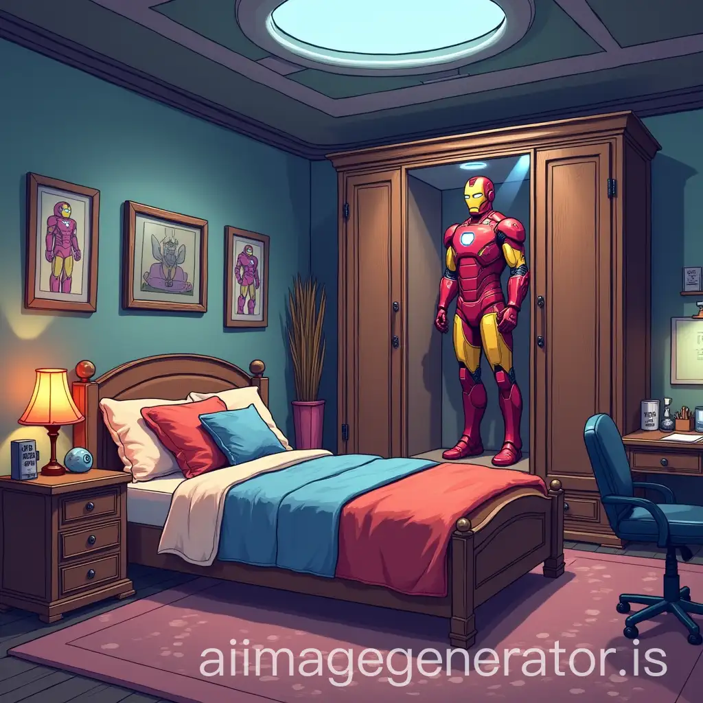 iron man's room with a bed and in the background a glass wardrobe with iron man armor inside and on the side a desk with jarvis all as cartoon drawing