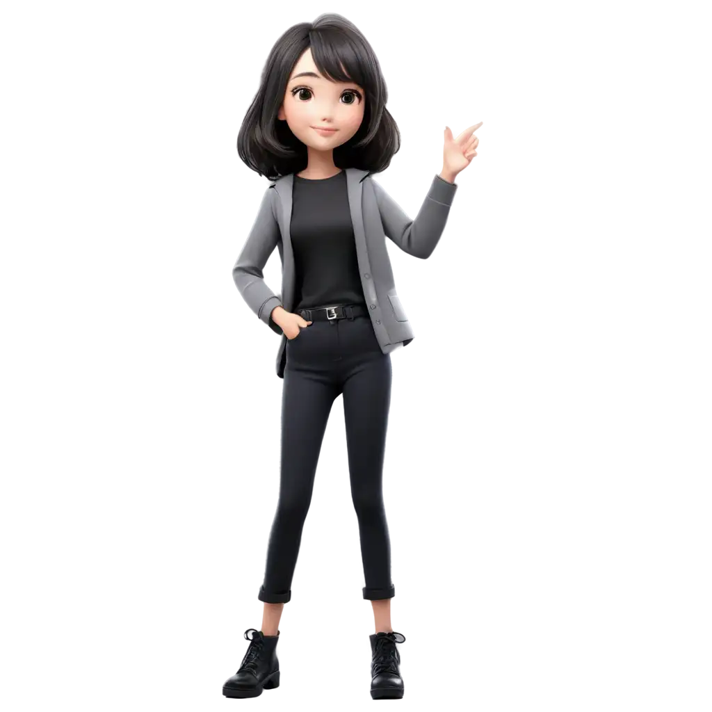 Cute-Animated-KoreanPNG-Image-Usage-Analysis-Girl-with-Bob-Hairstyle-in-Black-Cardigan-and-Grey-TShirt-PNG-Image-for-Versatile-Use