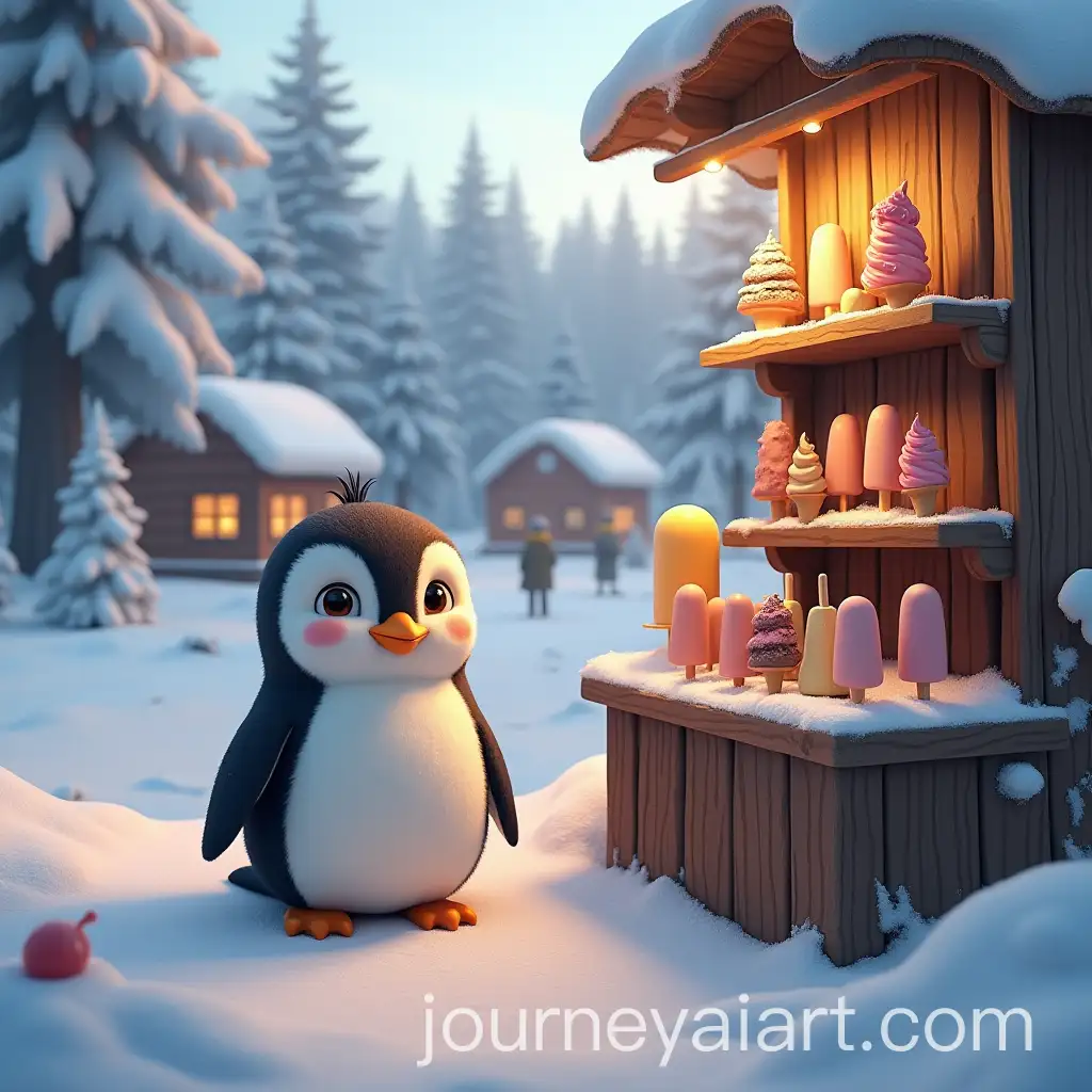 Adorable-Penguin-Selling-Ice-Creams-in-Snowy-Winter-Landscape