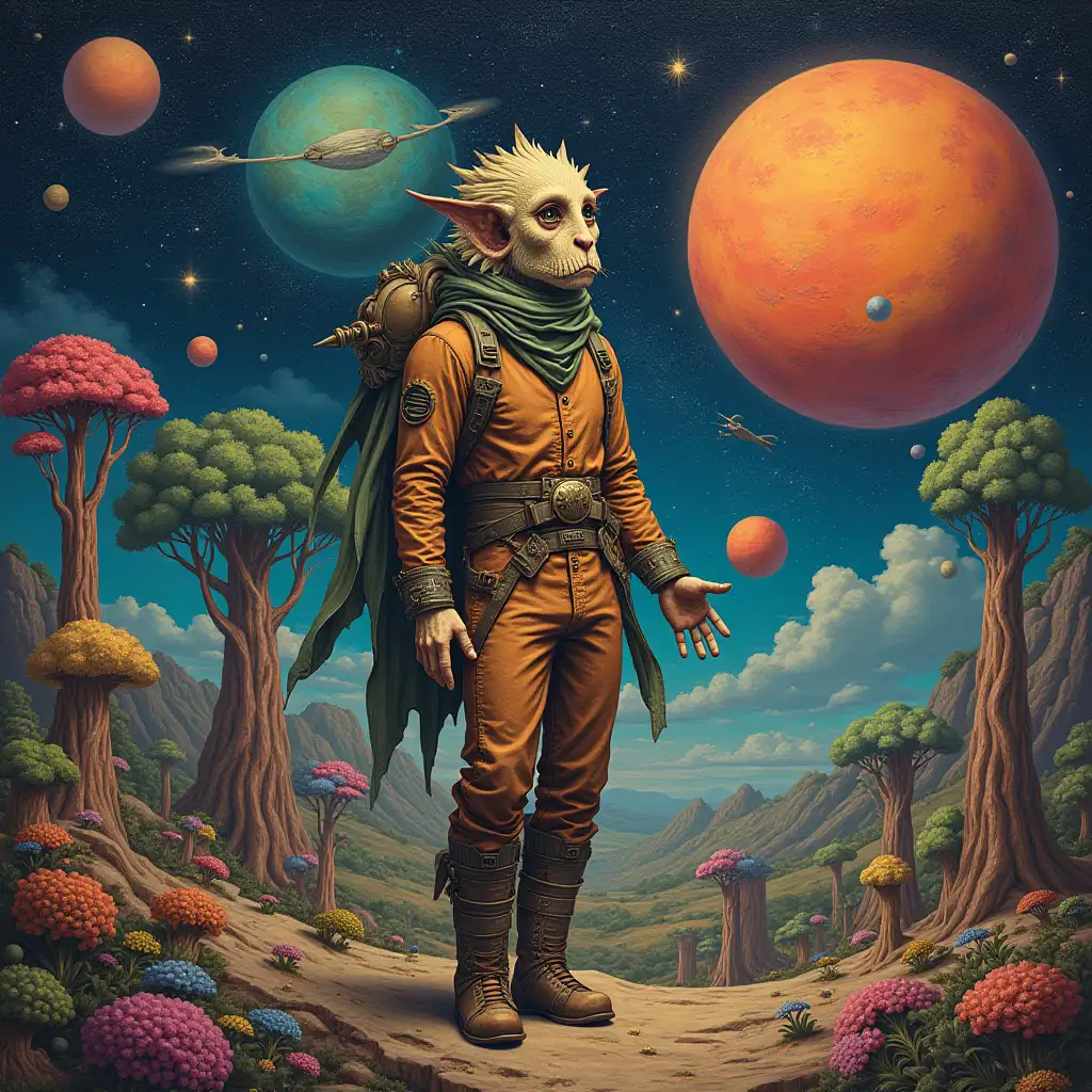 Hyperrealistic portrait of a multiverse time traveler and various strange beings The elaborately detailed, colorful wooded planets in the background